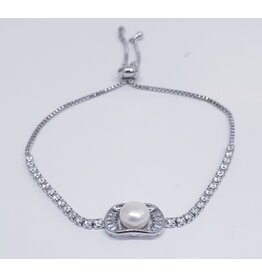 BJJ0084 - Pearl, Tennis, Silver Adjustable Bracelet