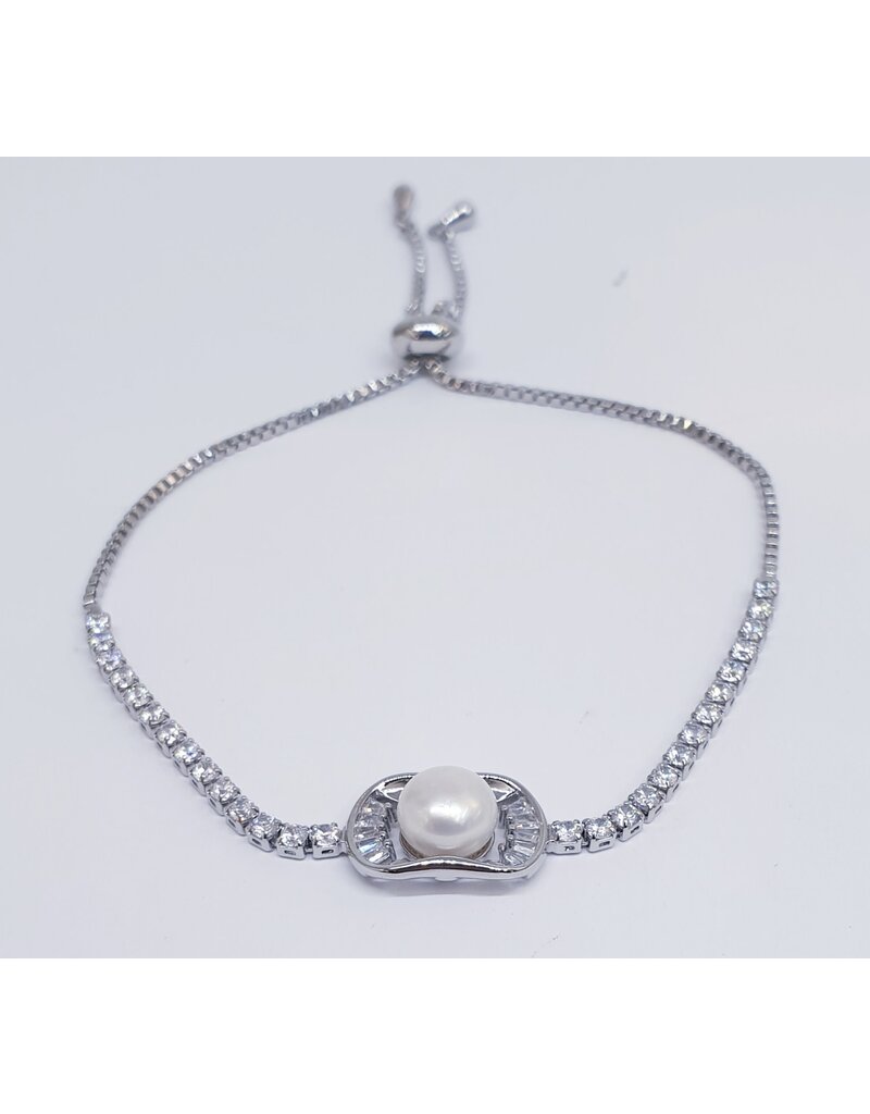 BJJ0084 - Pearl, Tennis, Silver Adjustable Bracelet