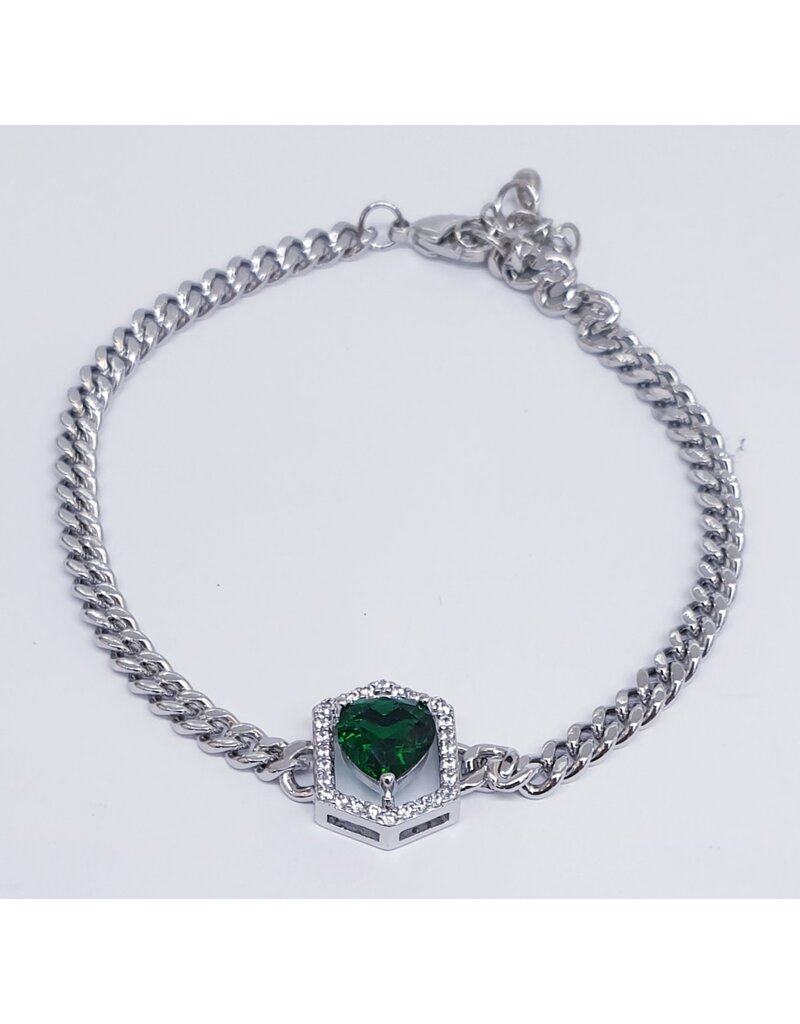 BJJ0100 - Silver, Heart, Green Adjustable Bracelet