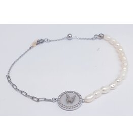 BJJ0104 - Silver, Pearl, Butterfly Adjustable Bracelet