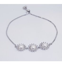 BJJ0144 - Silver, Pearl, Sunflower Adjustable Bracelet