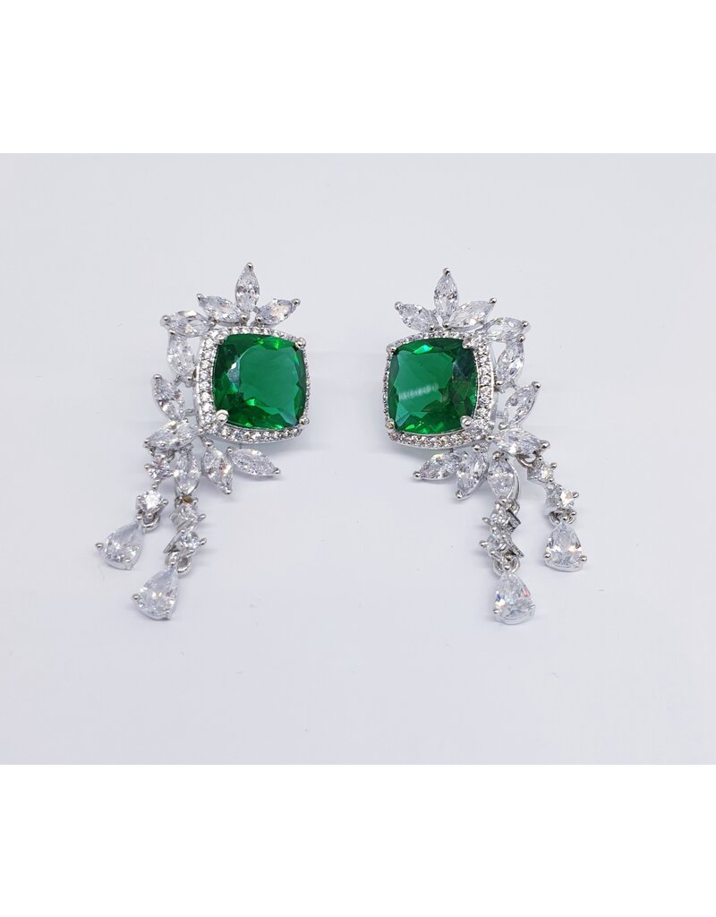 ERJ0534 - Silver, Emerald, Square, Crystal Earring