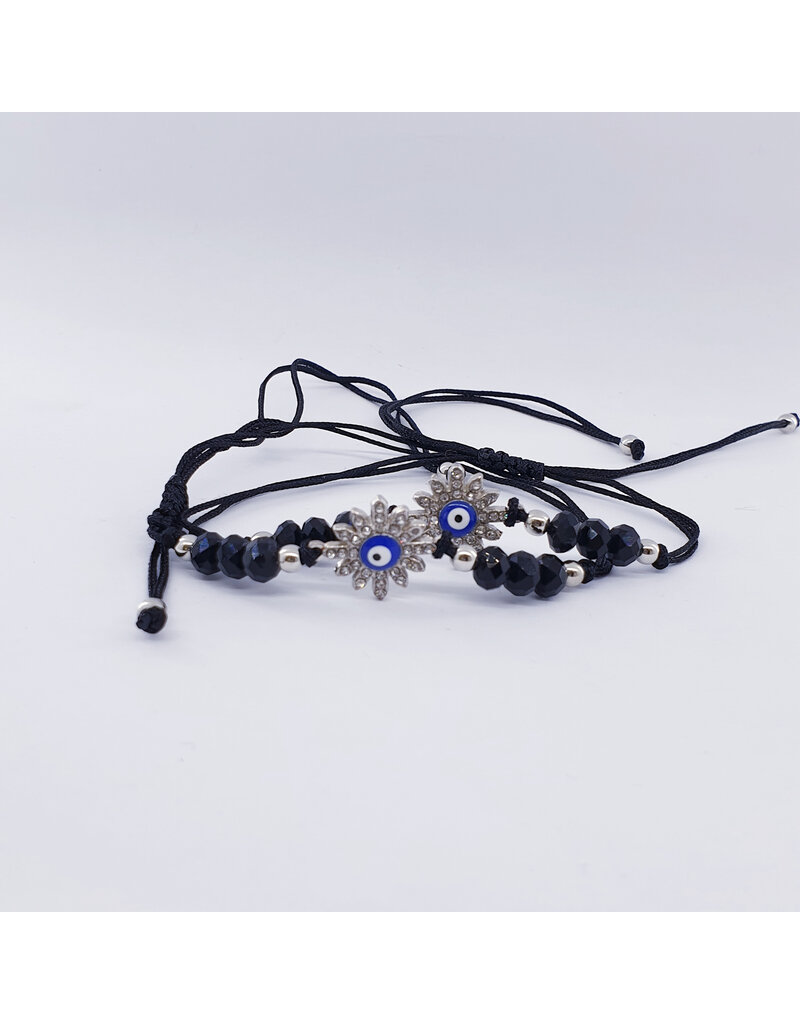 DBA0005 - Silver, Evil Eye/Black Beaded Bracelet