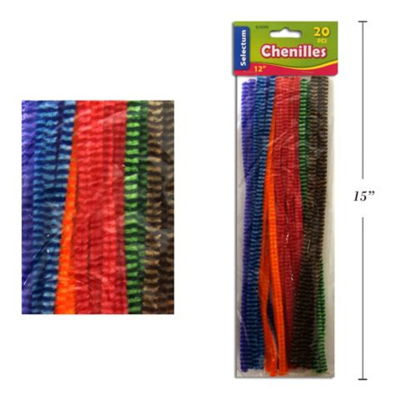 12" Coloured Striped Chenilles, Asst Col. 20/Pack 2 Tone Colour