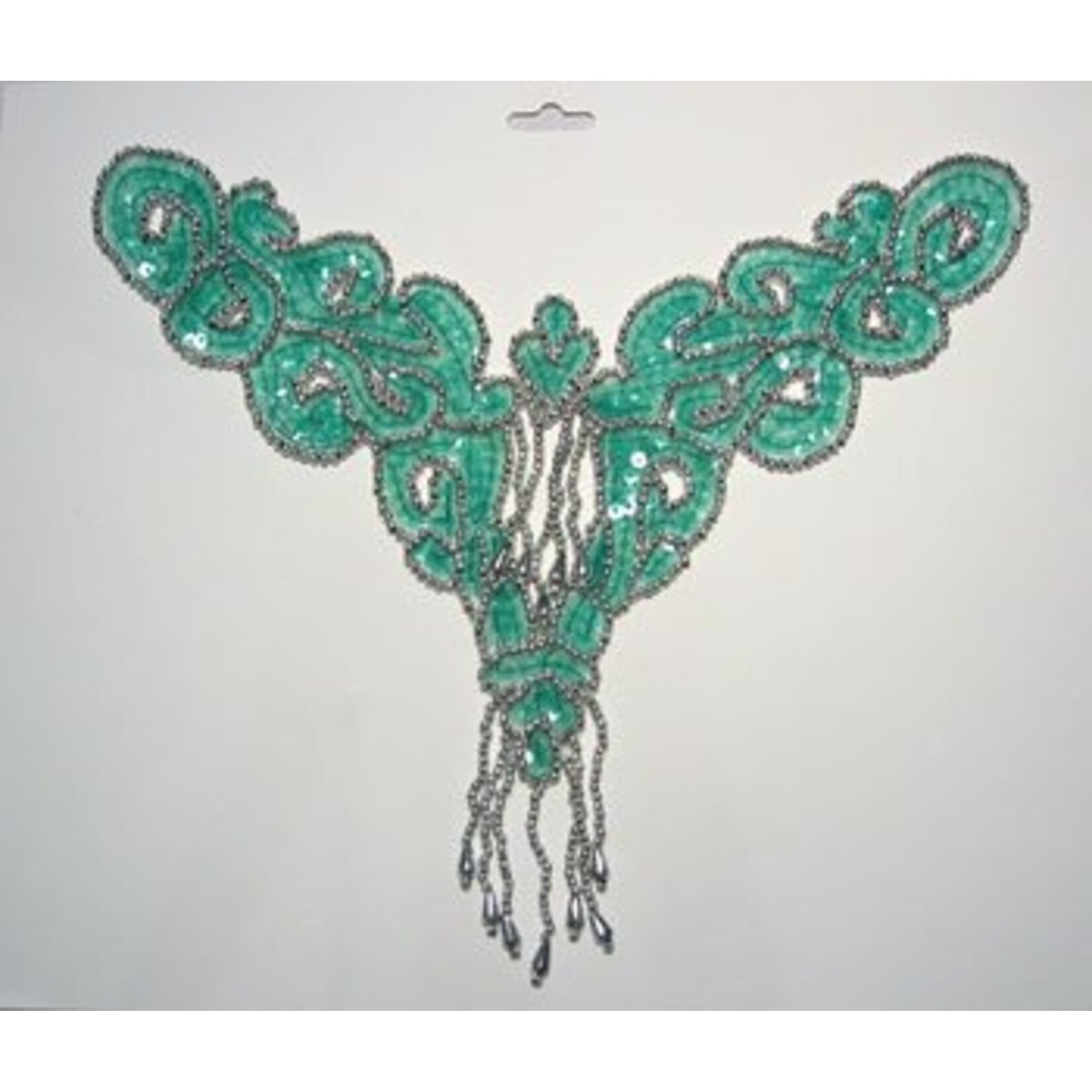 Beaded Motif Sequin Applique Silver/  Tr.Green Carded V-Shape Applique