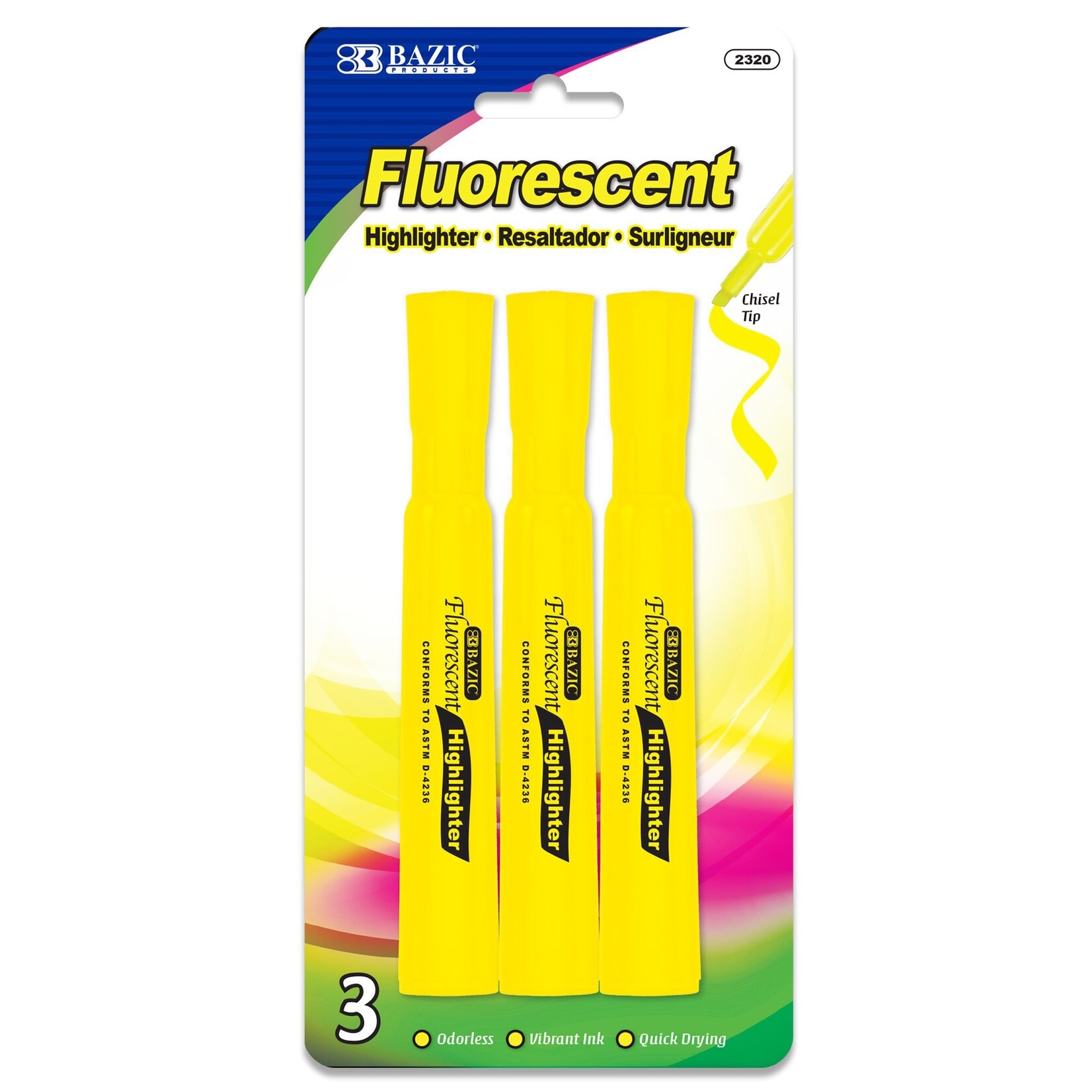 Bazic Yellow Desk Style Fluorescent Highlighters (3/Pk)