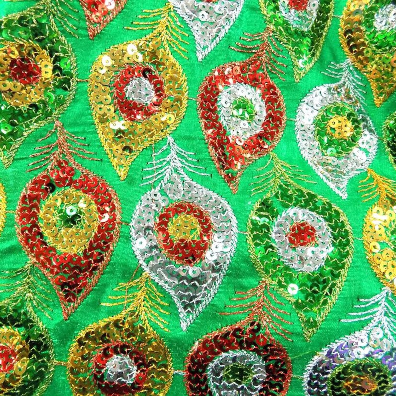 Peacock and Leaves  Lame   Emerald Green