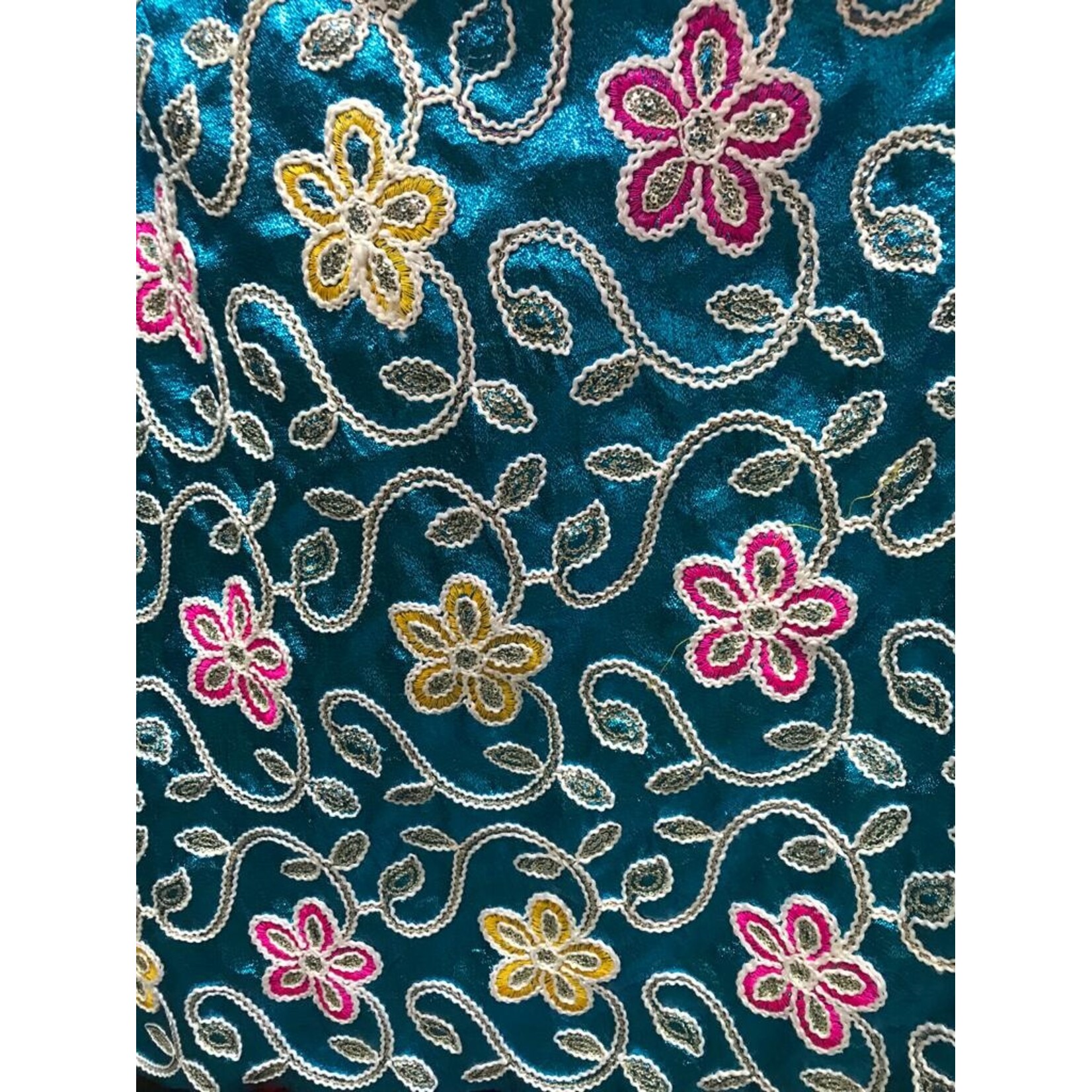 Embroided Flower Lame 44-45 Inches Turquoise