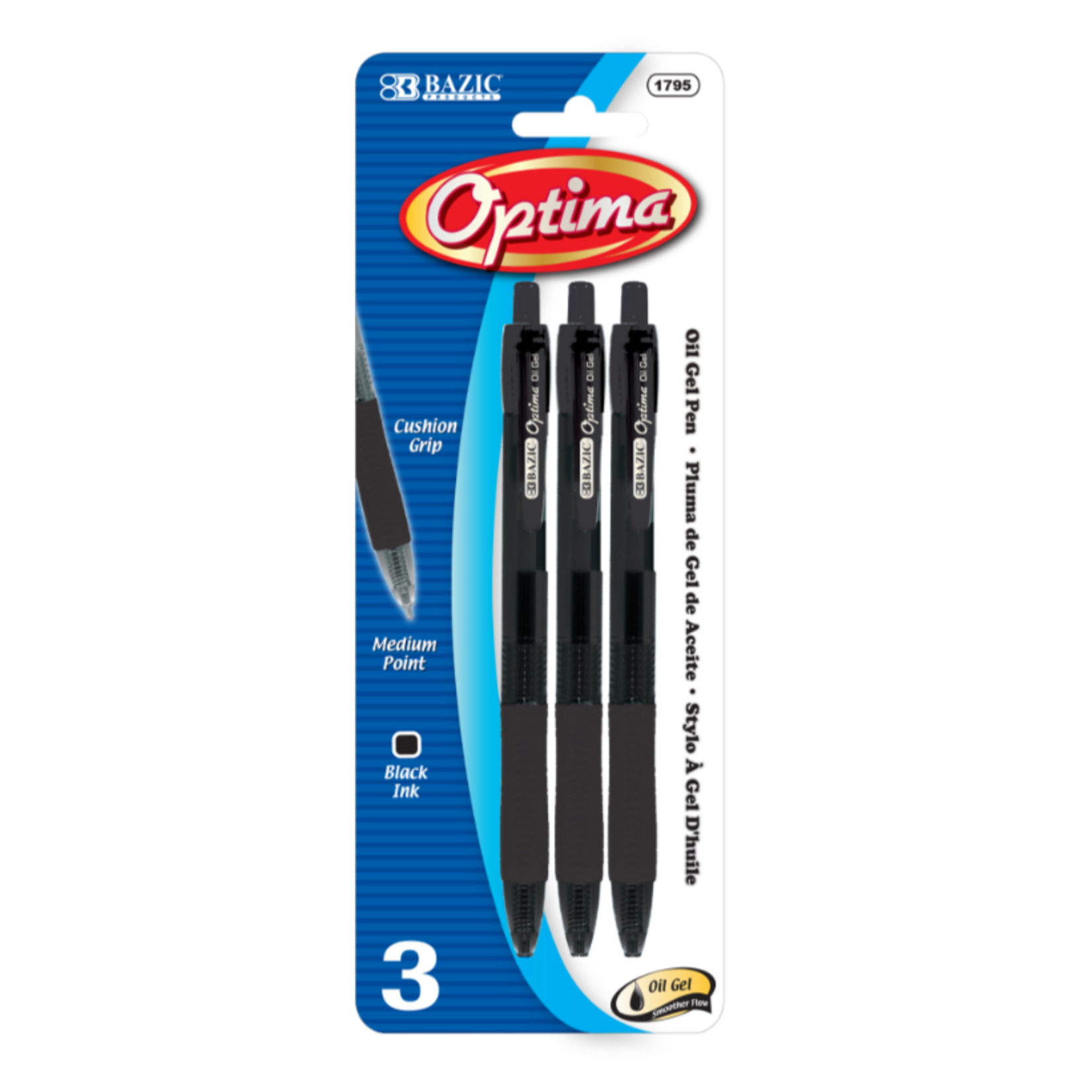 Bazic Bazic Optima Black Oil-Gel Ink Retractable Pen W/Grip (3/Pk)