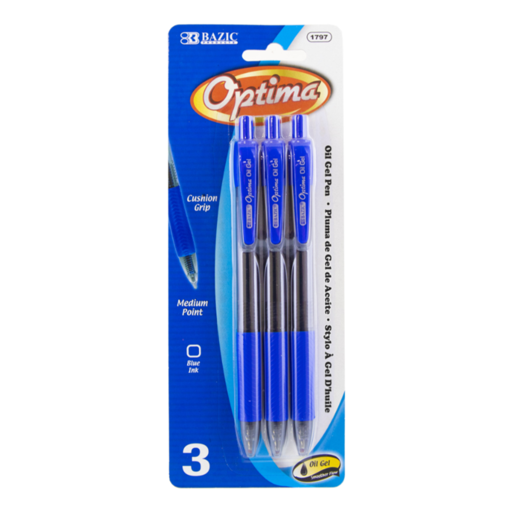 Bazic Bazic Optima Blue Oil-Gel Ink Retractable Pen W/Grip (3/Pk)