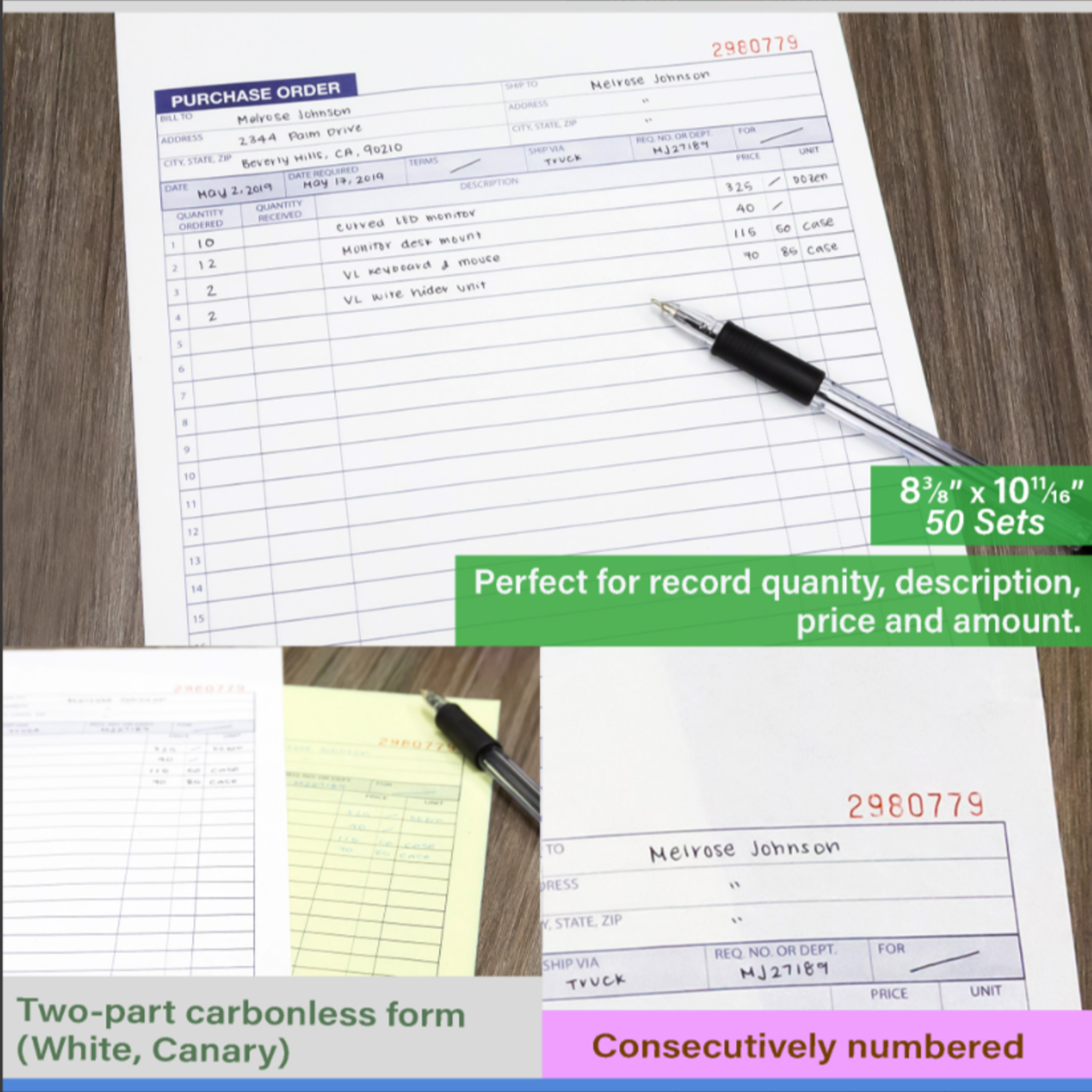 Bazic Bazic Carbonless Purchase Order Book 8.37"x 10.69" (50 Sheets)