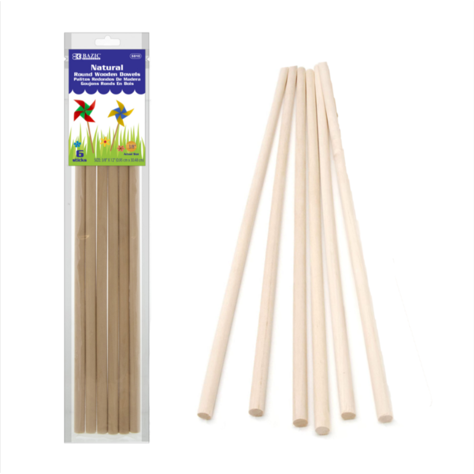 Bazic Bazic Round Natural Wooden Dowel 3/8"x12" (6/Pk)
