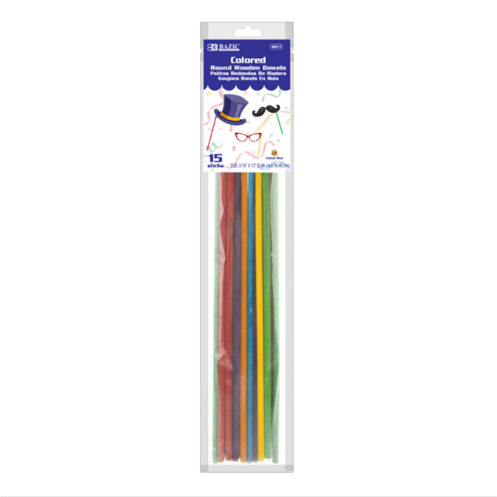 Bazic Bazic Round Multi-Colored Wooden Dowel 3/16"x12" (15/Bag)