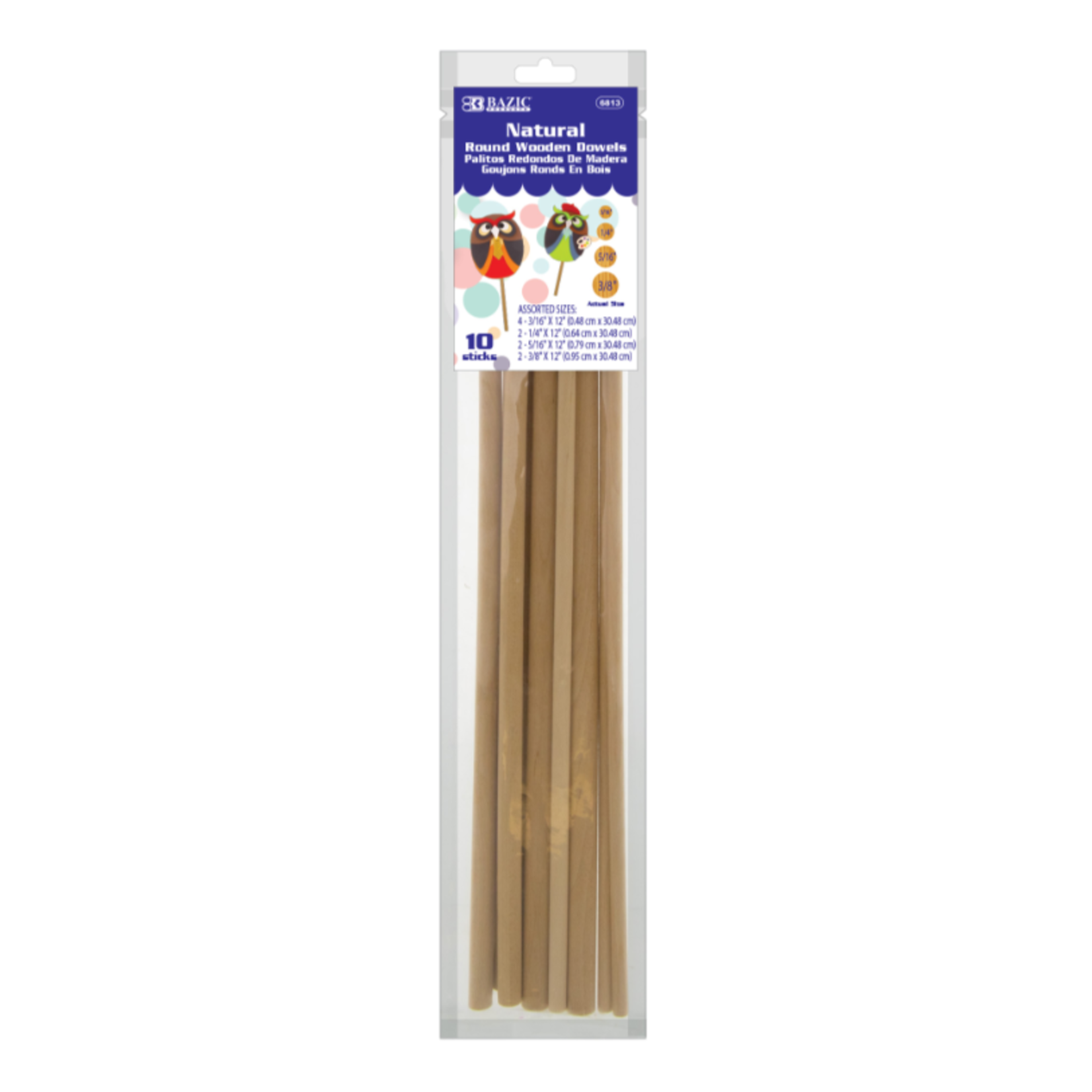 Bazic Bazic Round Natural Wooden Dowel Sticks Assorted Sizes (10/Bag)