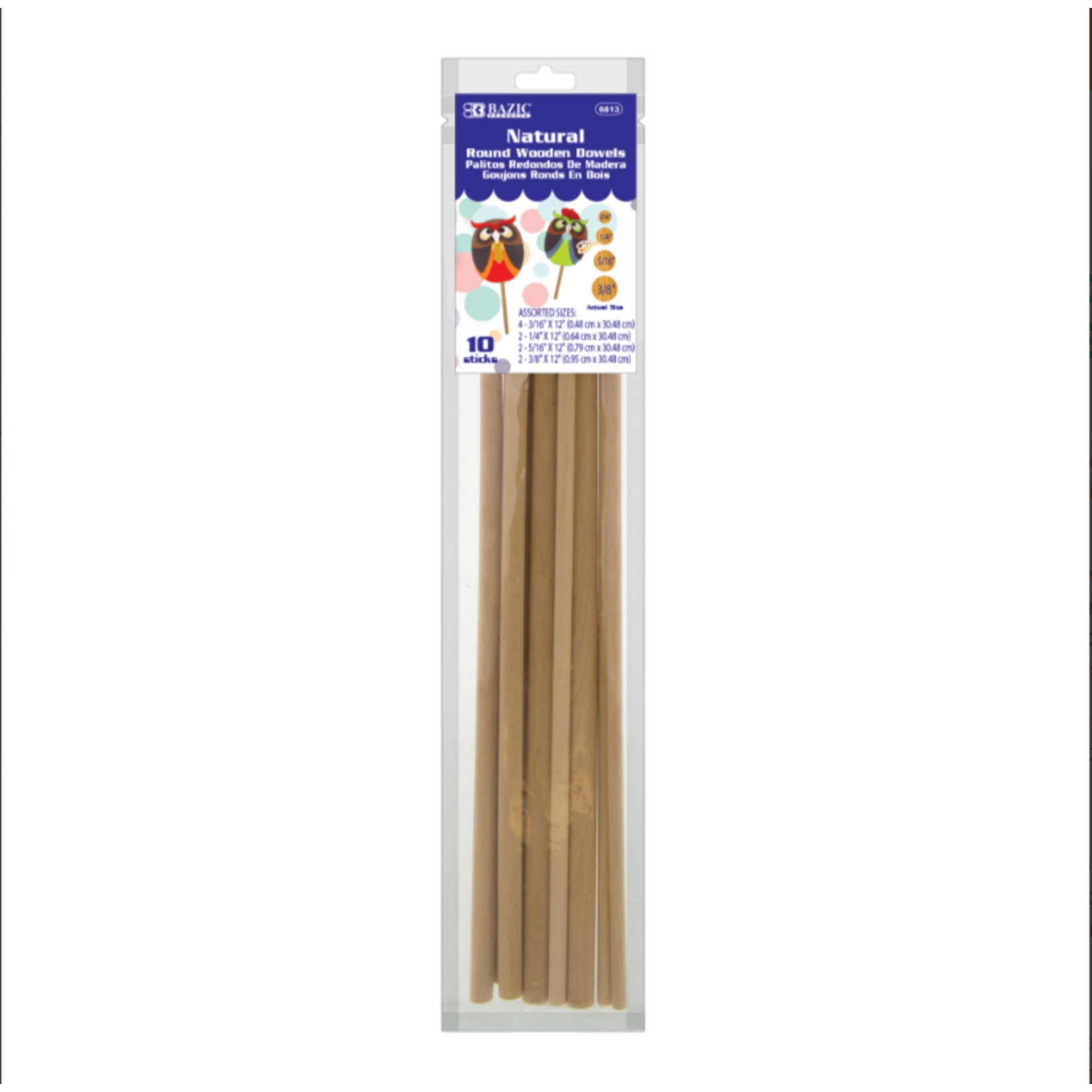 Bazic Bazic Round Natural Wooden Dowel Sticks Assorted Sizes (10/Bag)