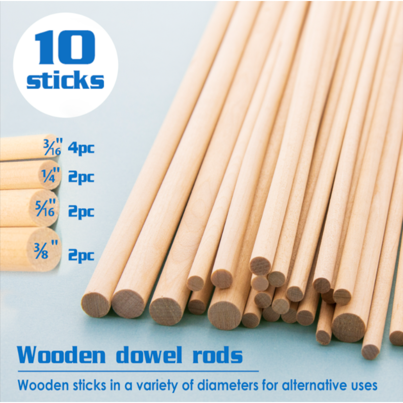 Bazic Bazic Round Natural Wooden Dowel Sticks Assorted Sizes (10/Bag)