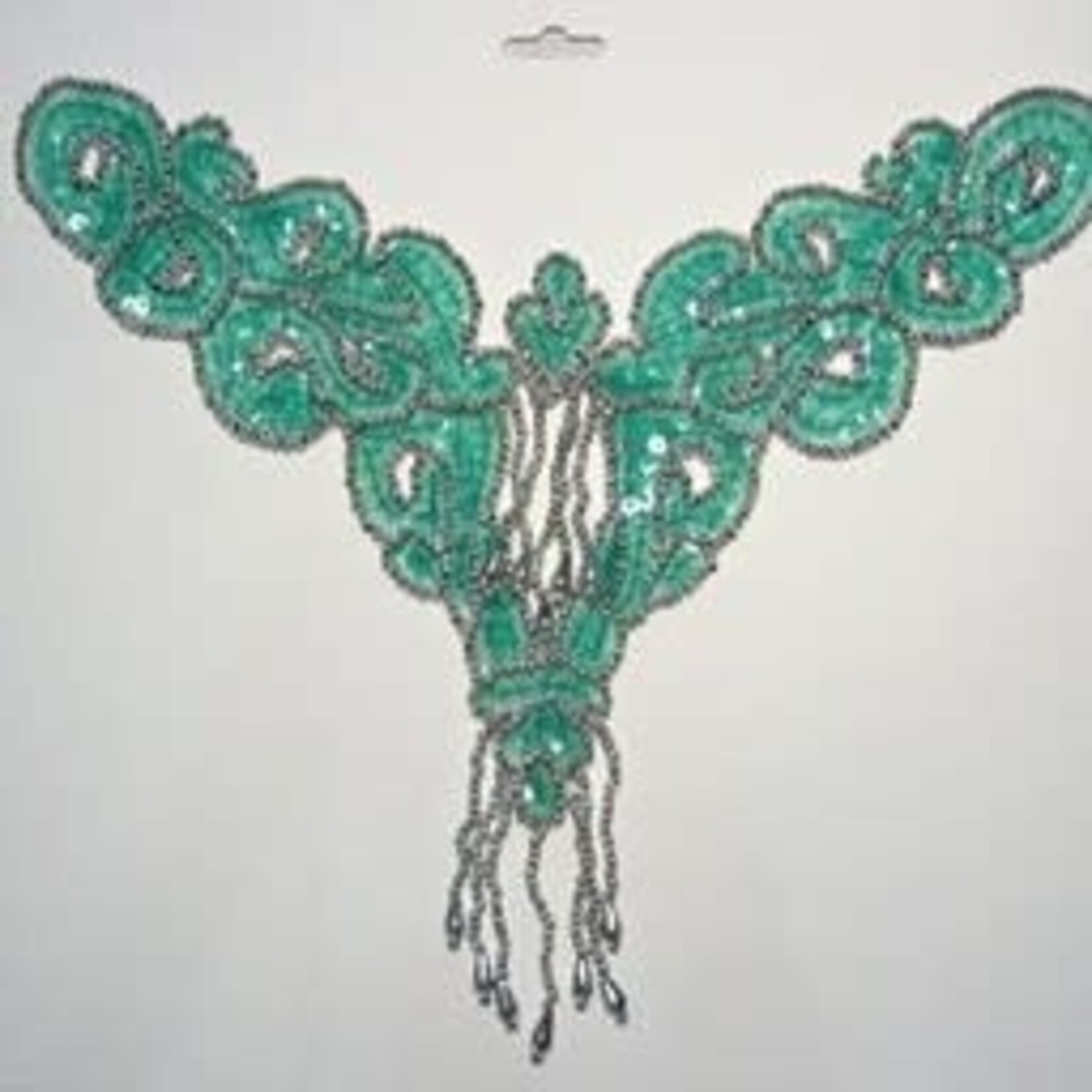 Beaded Motif Sequin Applique Silver/  Tr.Green Carded V-Shape Applique