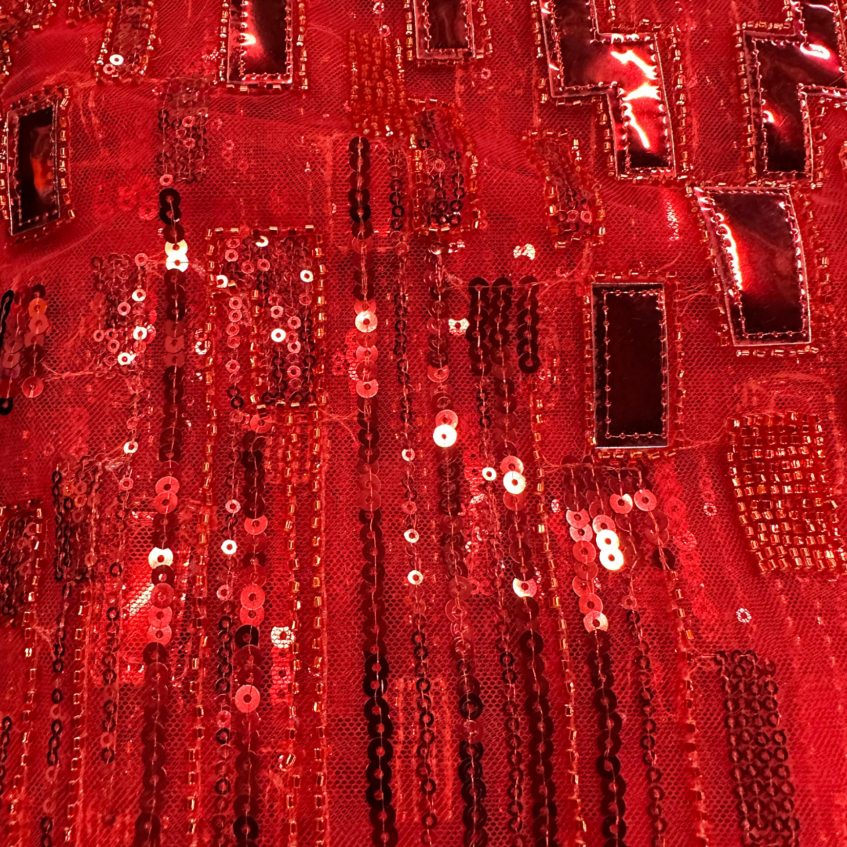 Poly Mesh with Embroidery Spangle Rhinestone - Red