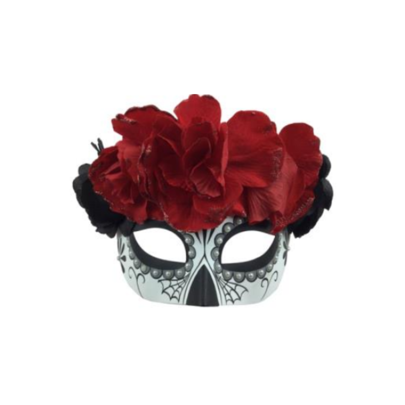 Mask Half Face - Day of the dead - Black/Red flowers