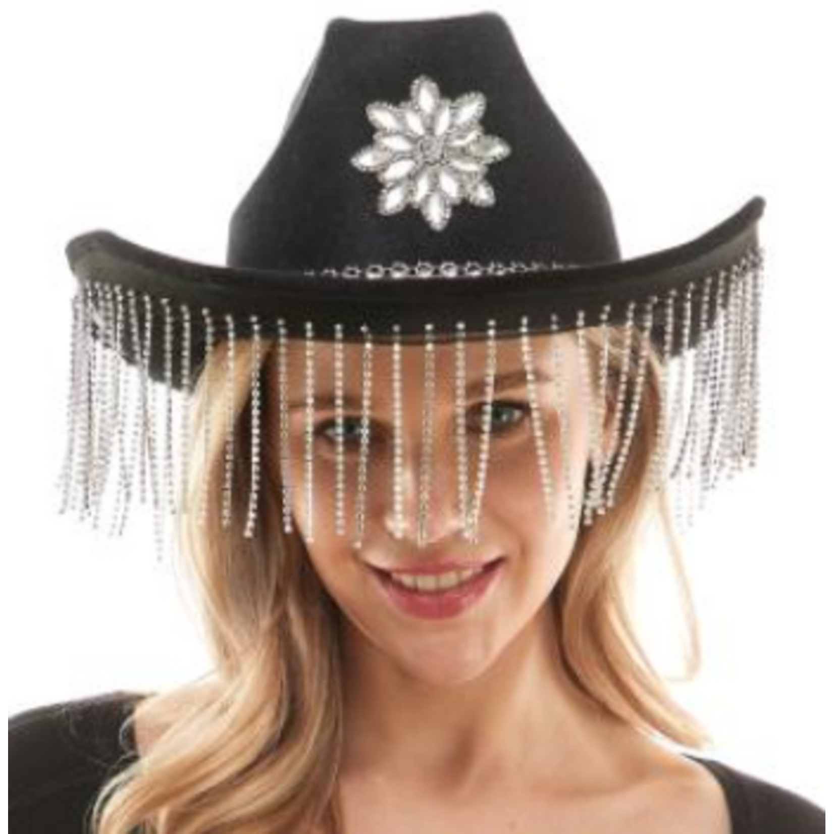 Cowgirl Hat Black Velvet with Diamond Fringes and Gem Star