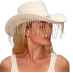 Cowboy Hat Leather With  Diamante Tassels White