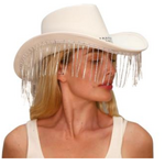 Cowboy Hat Leather With  Diamante Tassels White
