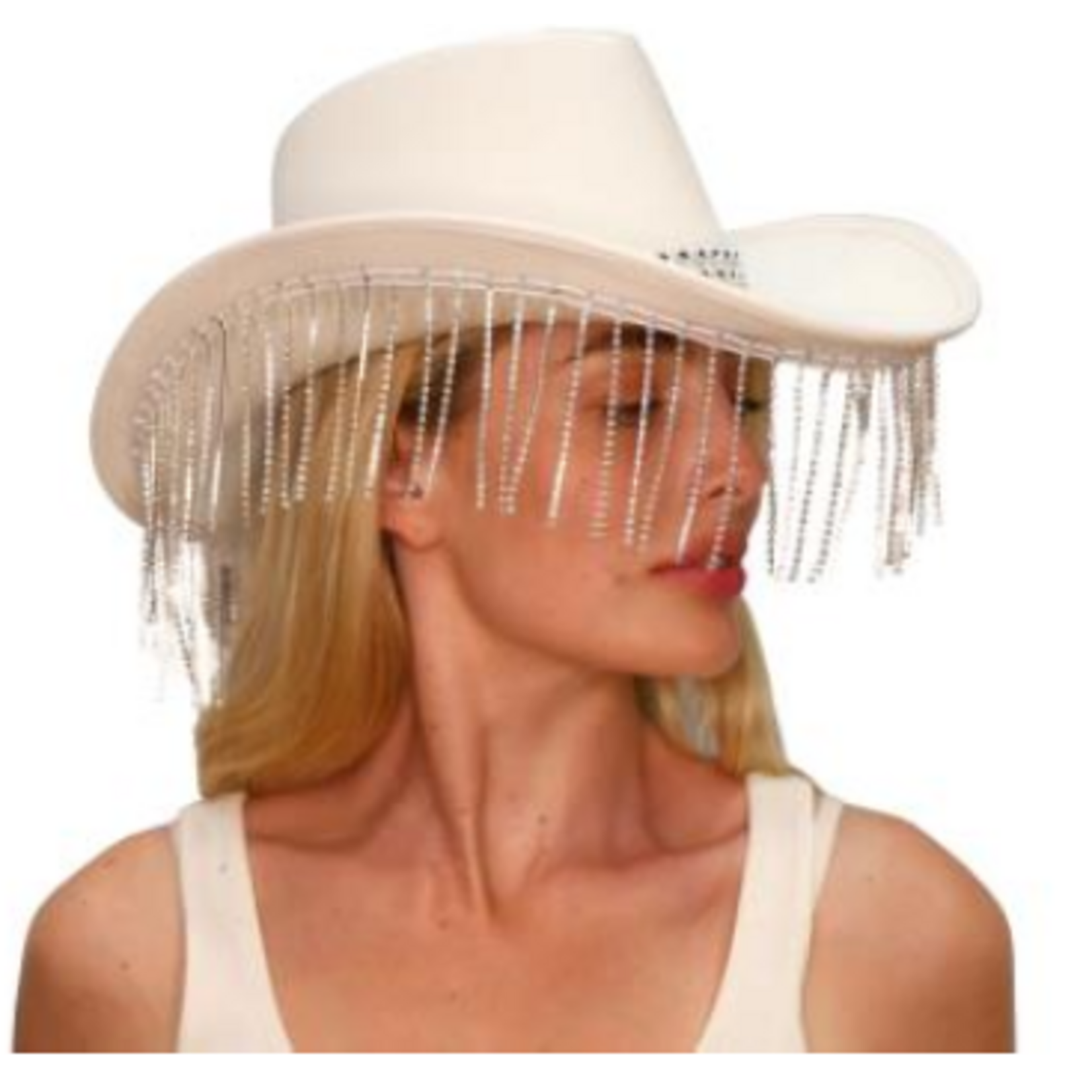 Cowboy Hat Leather With  Diamante Tassels White