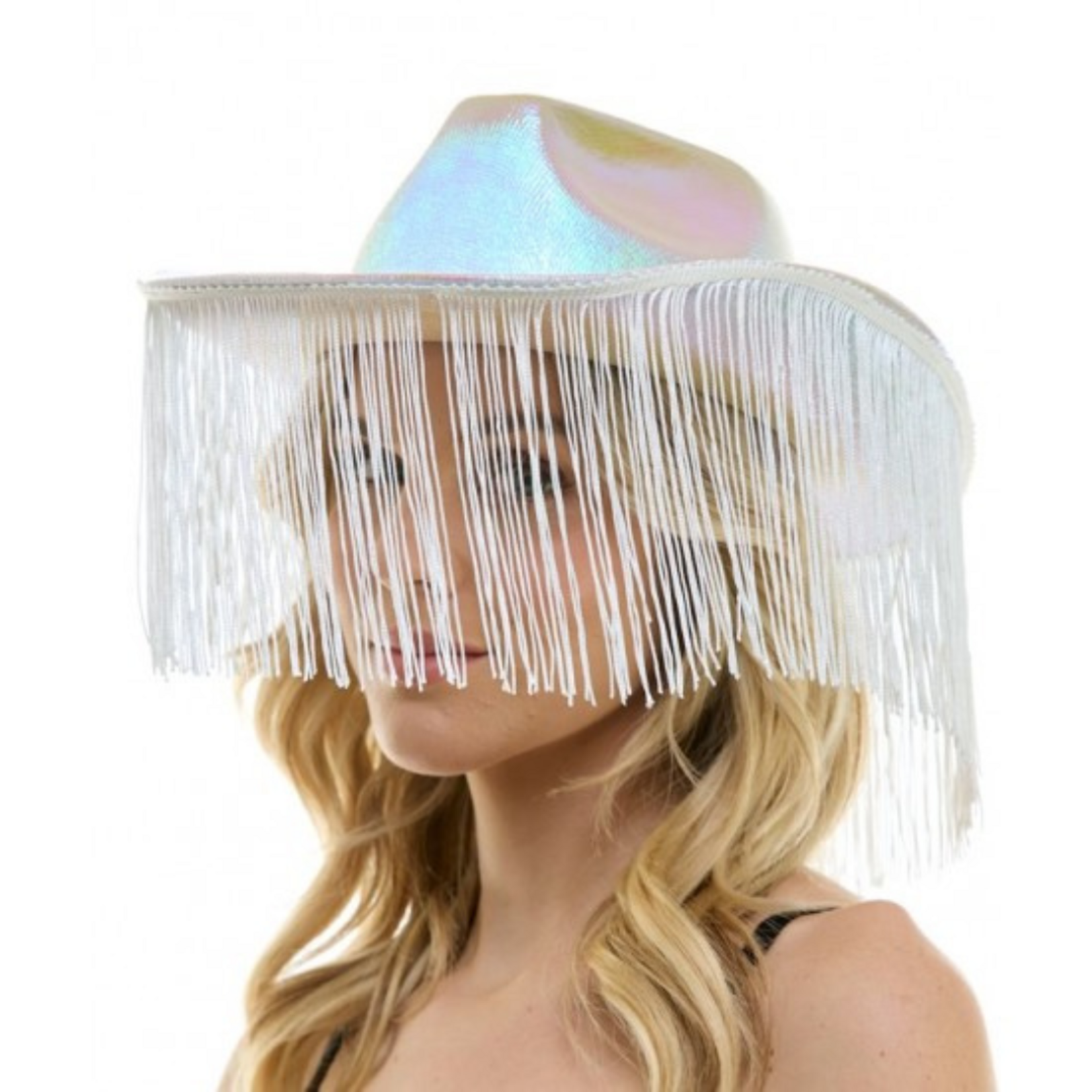 Cowboy Hat Metallic  White With Tassels