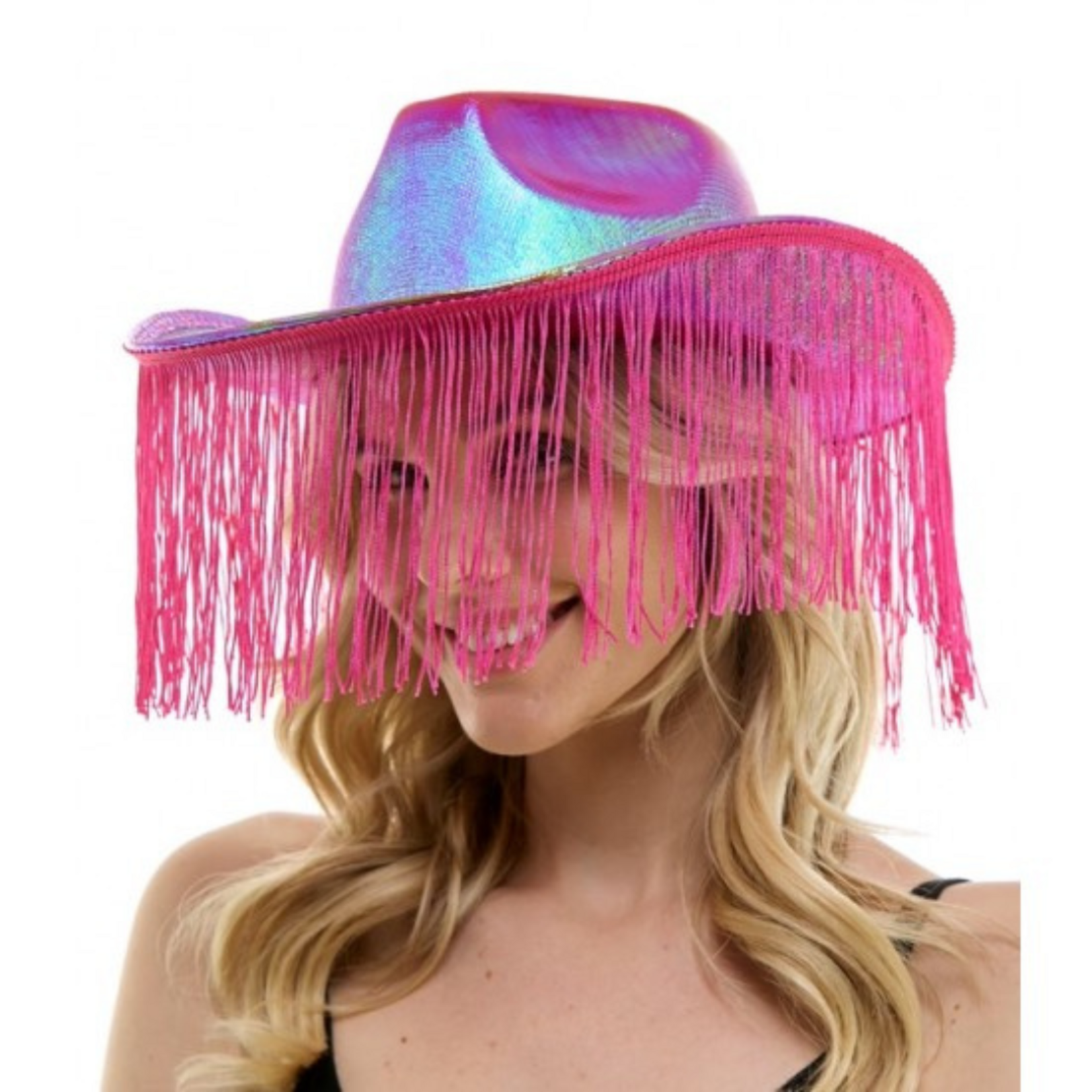 Cowboy Hat Metallic Hot Pink With Tassels