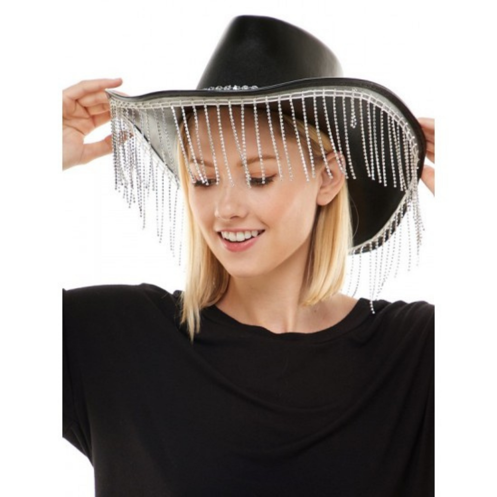 Cowboy Hat Leather With  Diamante Tassels Black