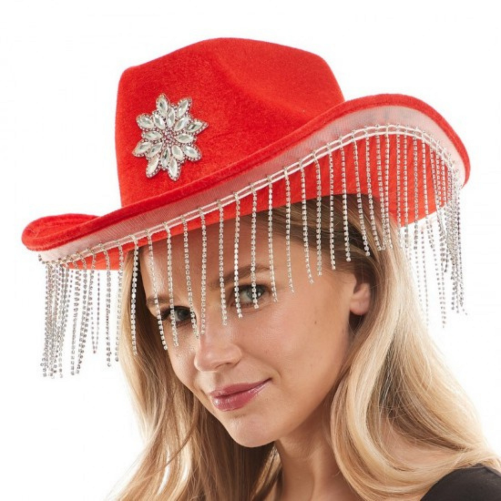 Cowgirl Hat Red Velvet with Diamond Fringes and Gem Star