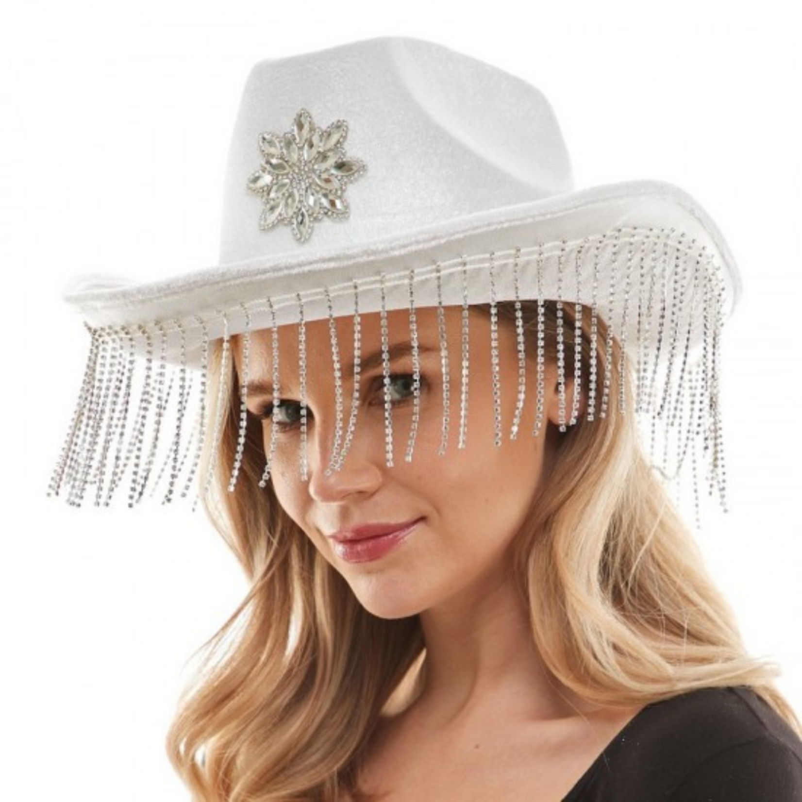 Cowgirl Hat White Velvet  With  Diamond Fringes and Gem Star