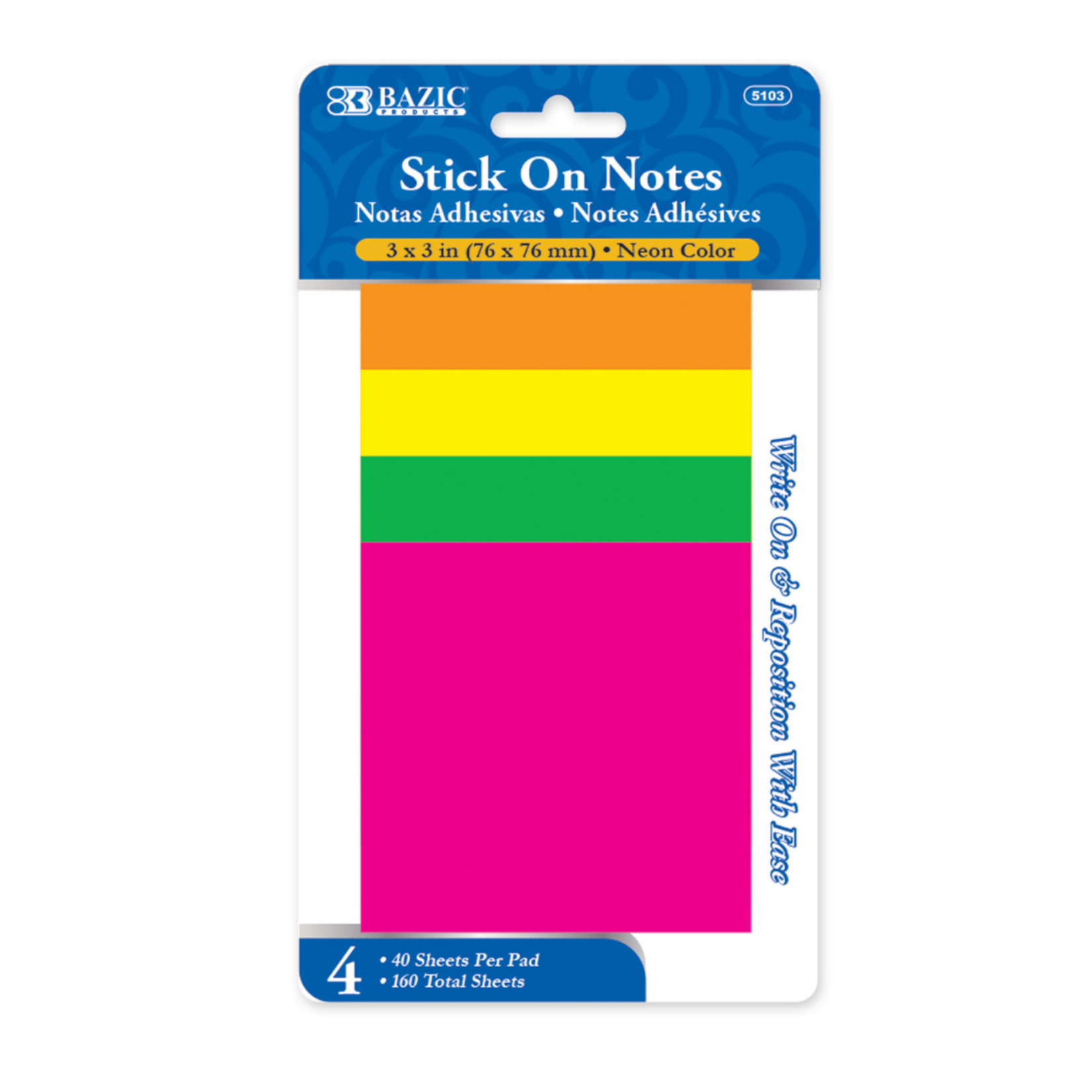 Bazic 40 Ct. 3" x 3 " Neon Stick on notes (4/pack)