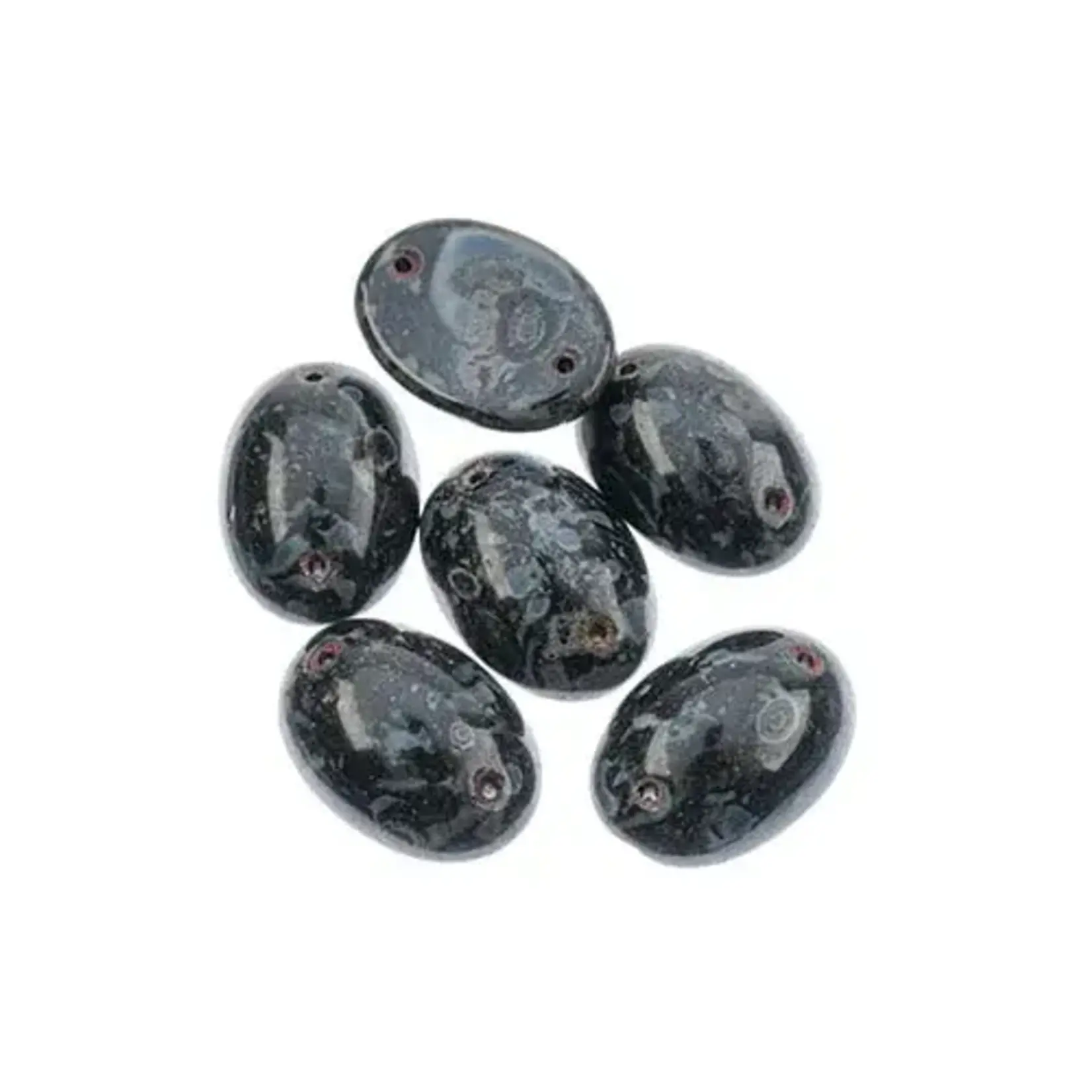 Czech Glass 2 Hole Cabochon 18 x 13mm Oval Opaque Marble Black on Dark Green 6pcs