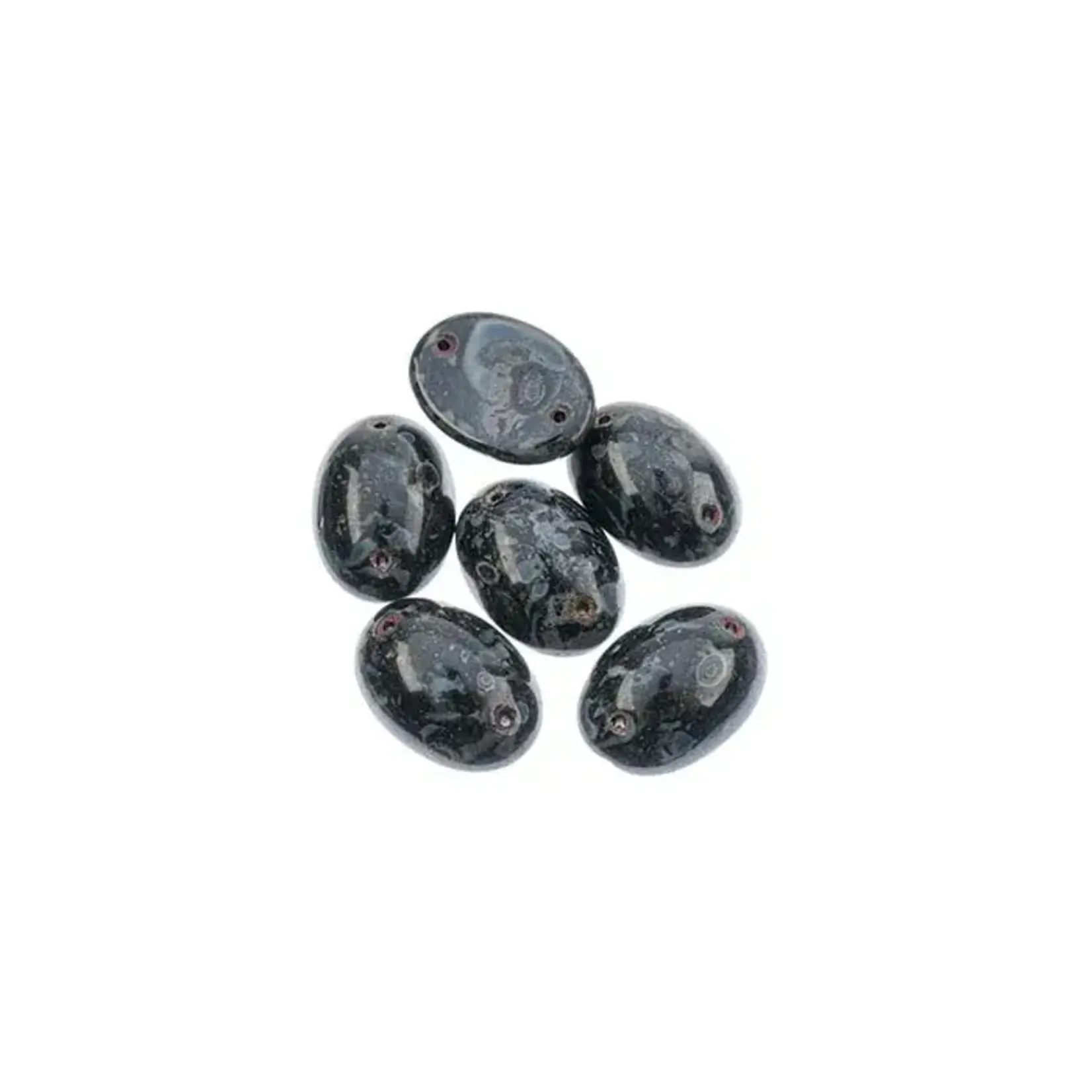 Czech Glass 2 Hole Cabochon 18 x 13mm Oval Opaque Marble Black on Dark Green 6pcs