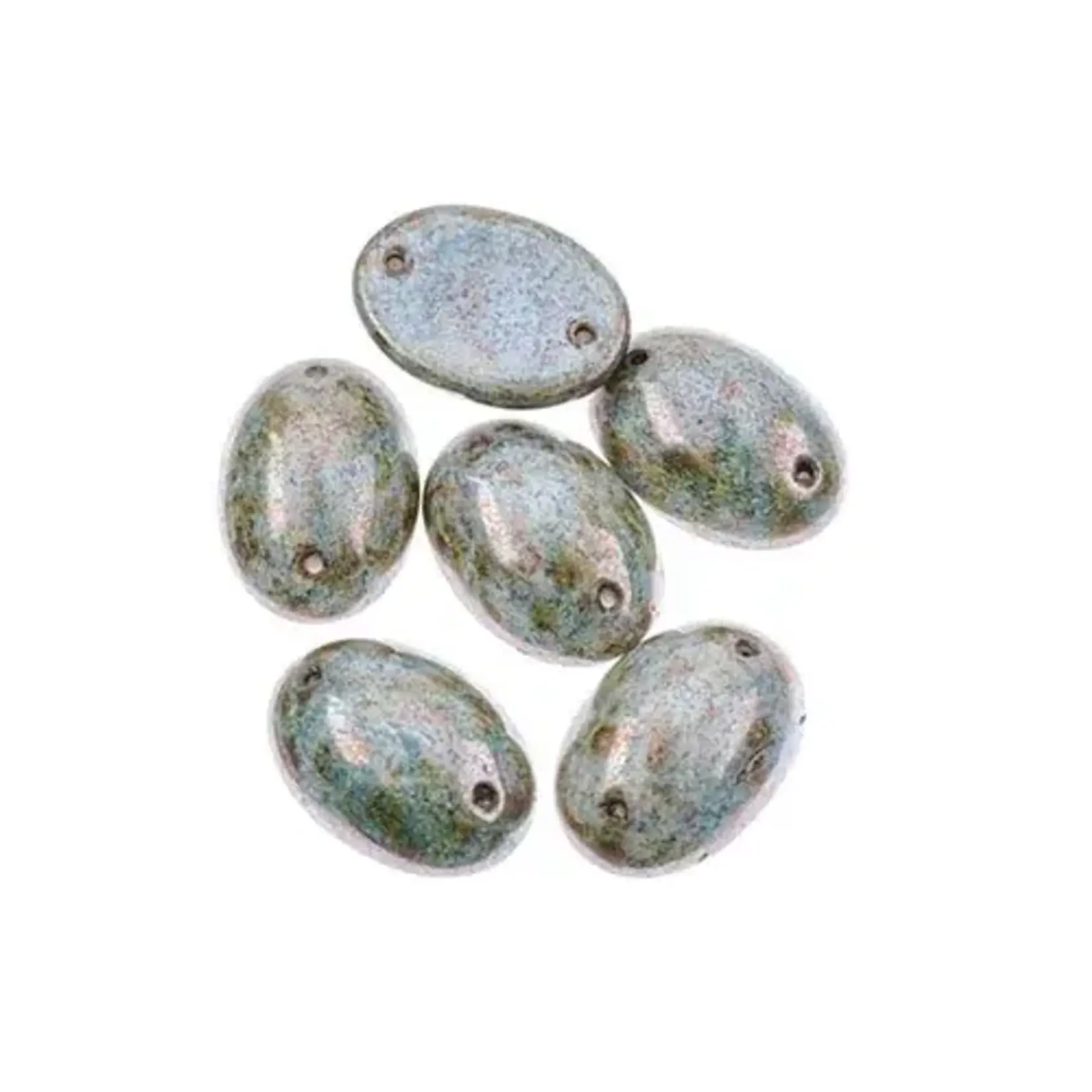 Czech Glass 2 Hole Cabochon 18 x 13mm Oval Opaque Marble Brown on Green 6pcs