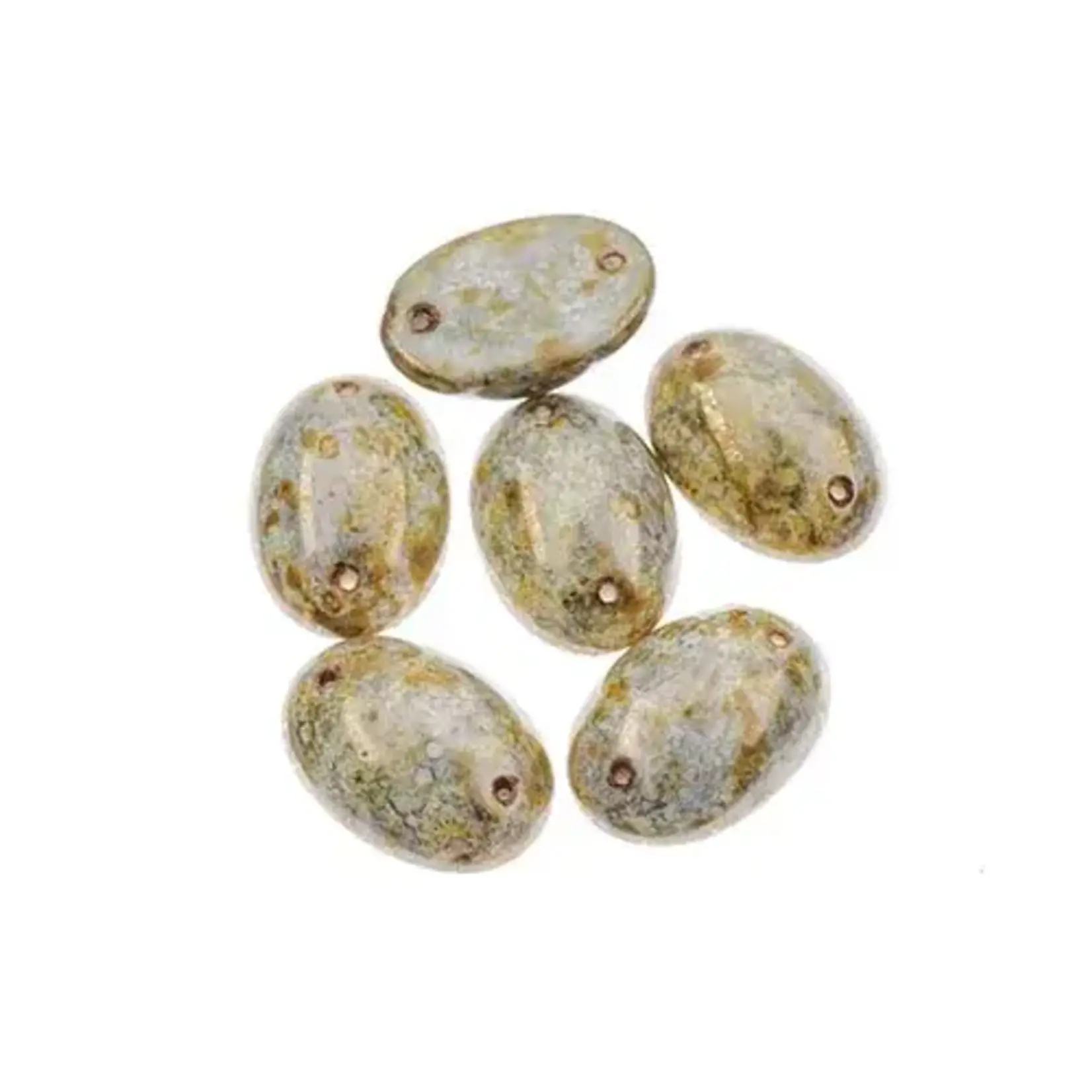 Czech Glass 2 Hole Cabochon 18 x 13mm Oval Opaque Marble Brown on Yellow 6pcs