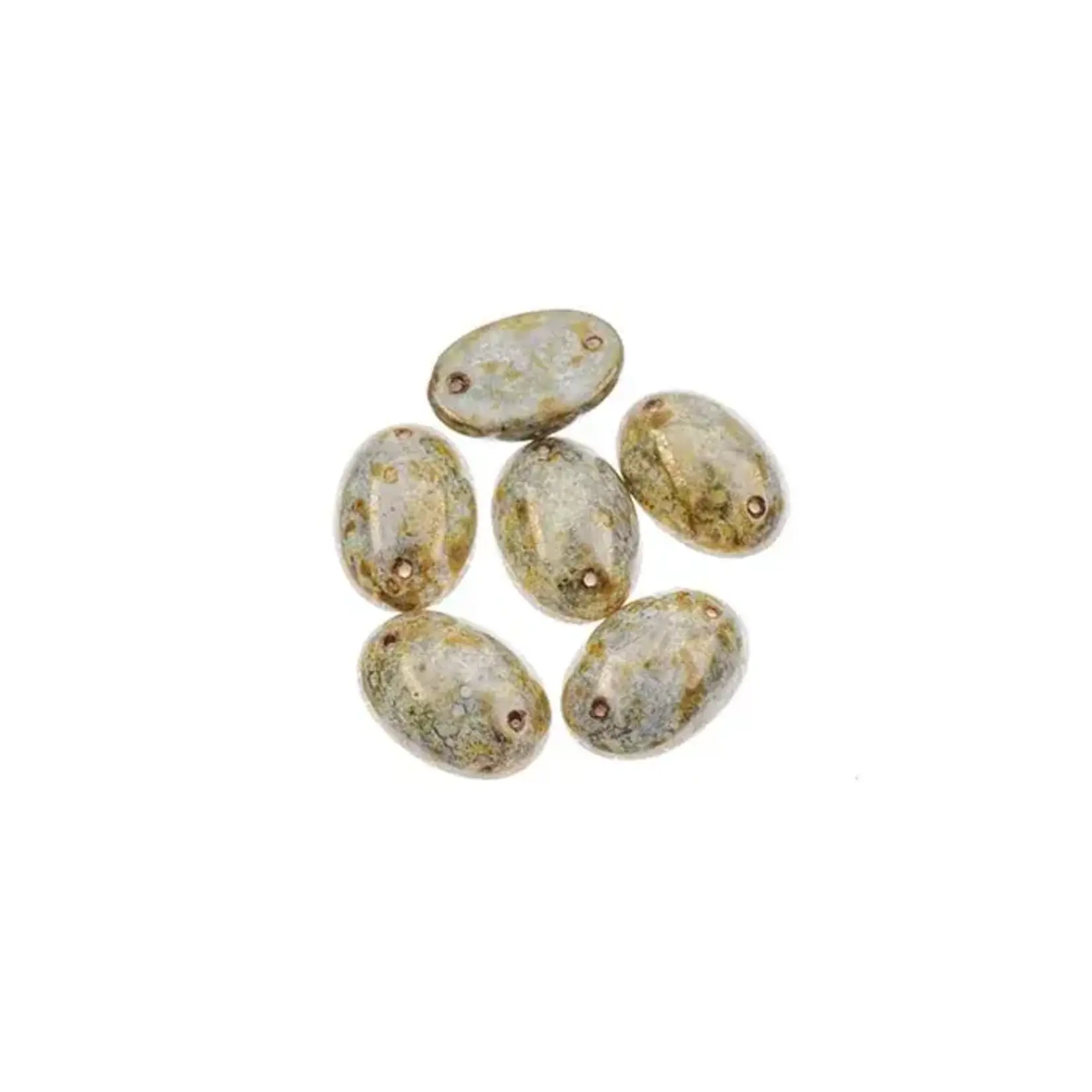 Czech Glass 2 Hole Cabochon 18 x 13mm Oval Opaque Marble Brown on Yellow 6pcs