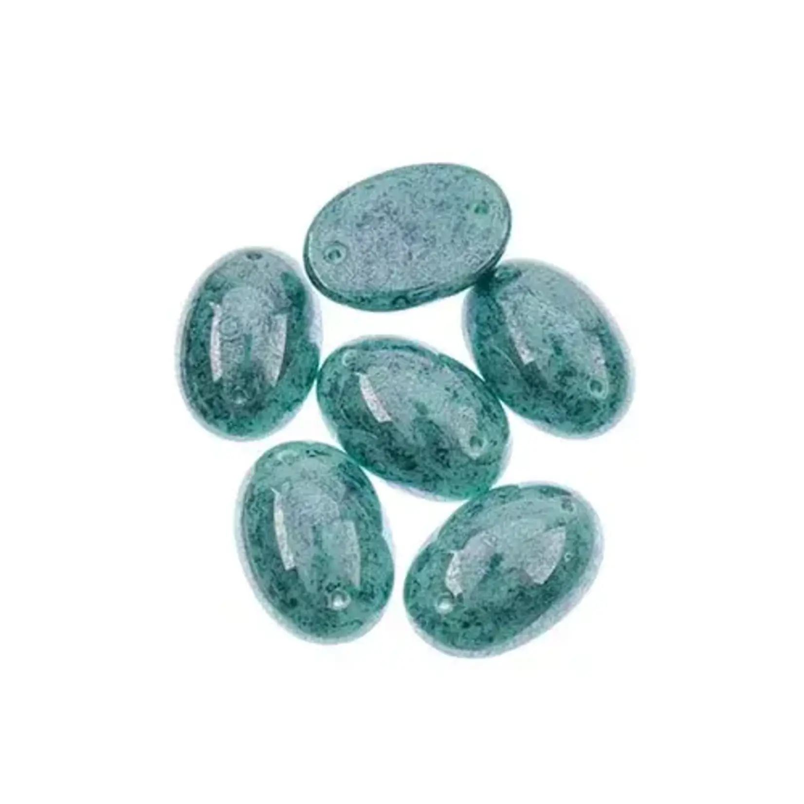 Czech Glass 2 Hole Cabochon 18 x 13mm Oval Opaque Marble Teal 6pcs