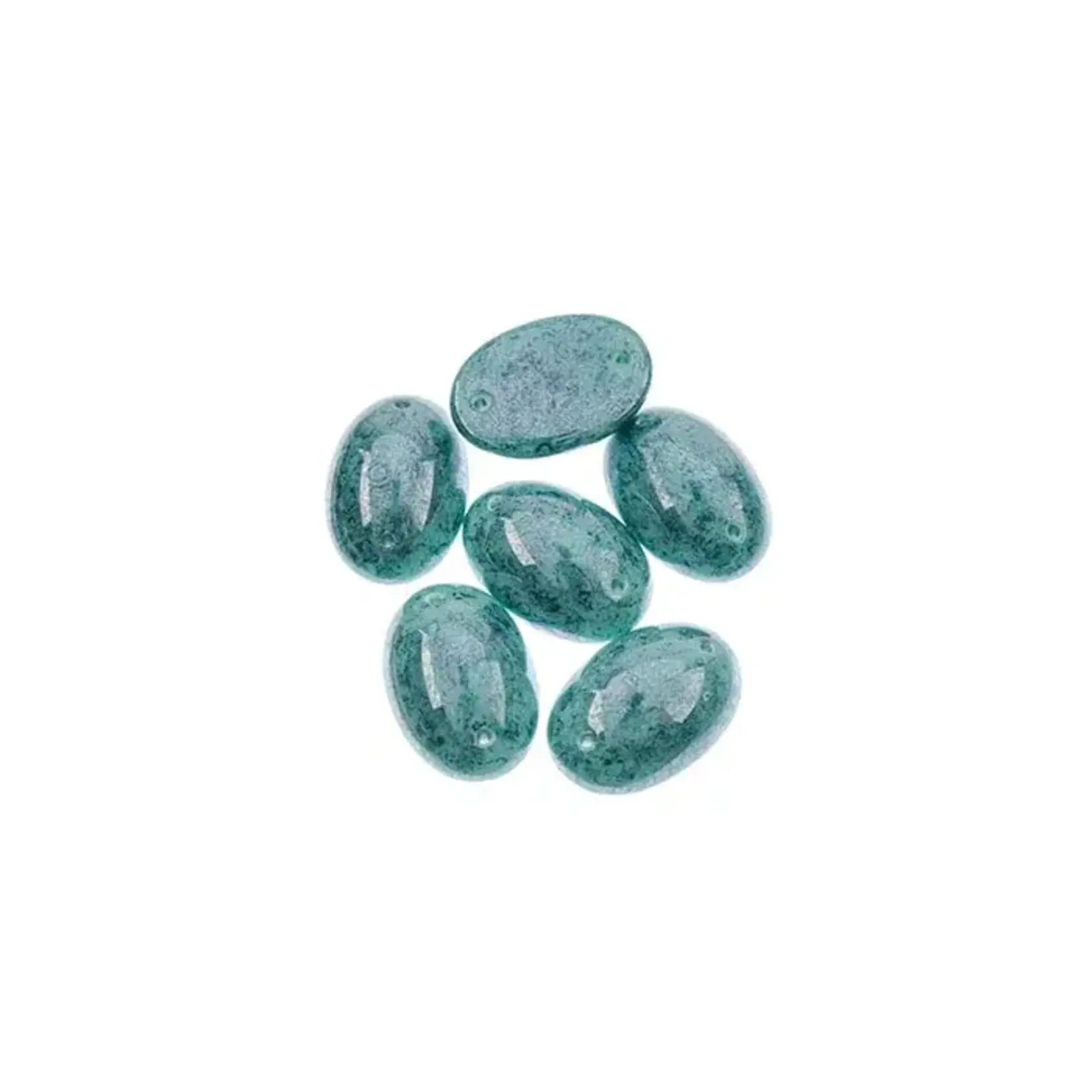 Czech Glass 2 Hole Cabochon 18 x 13mm Oval Opaque Marble Teal 6pcs