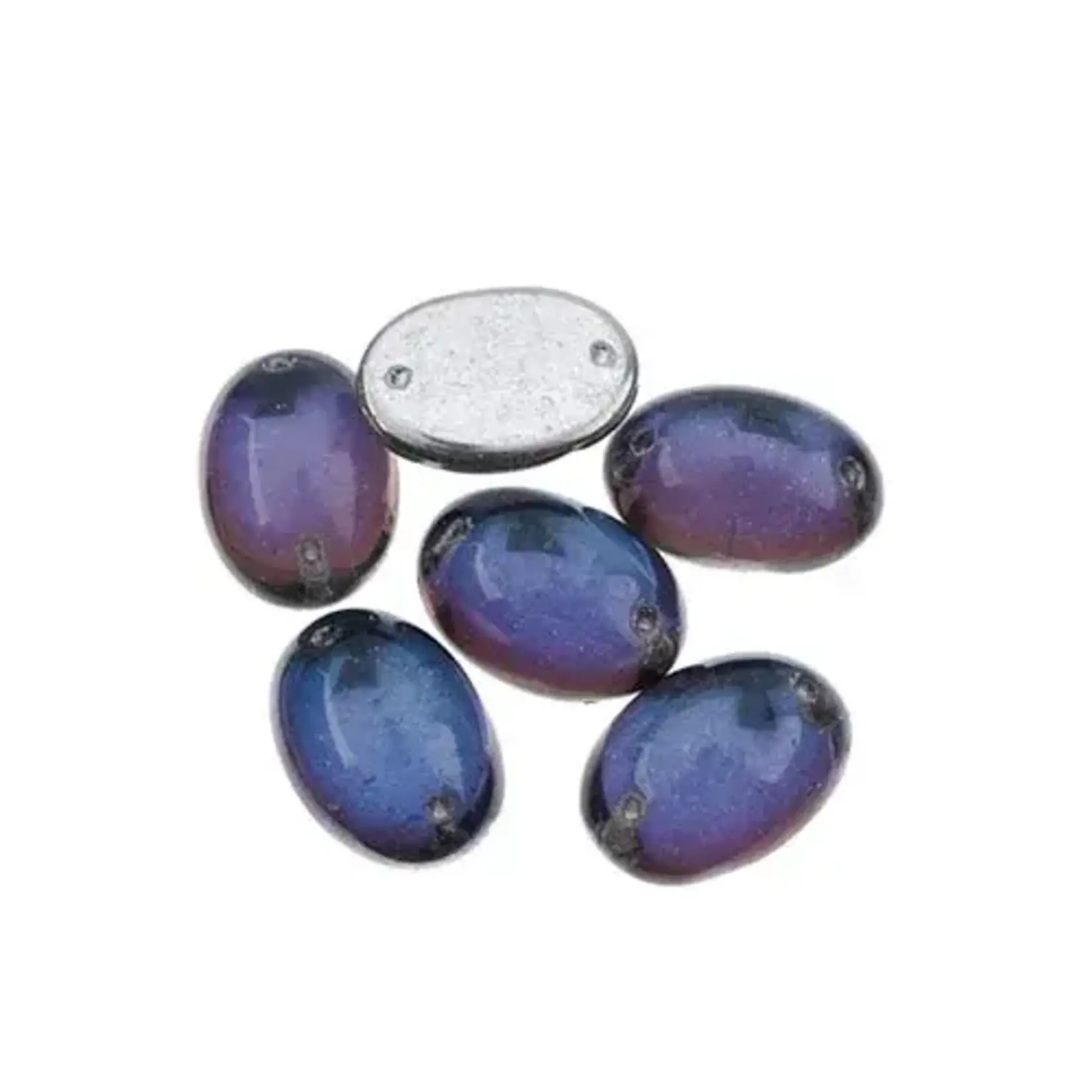 Czech Glass 2 Hole Cabochon 18 x 13mm Oval Transparent Bermuda Blue Foiling 6pcs