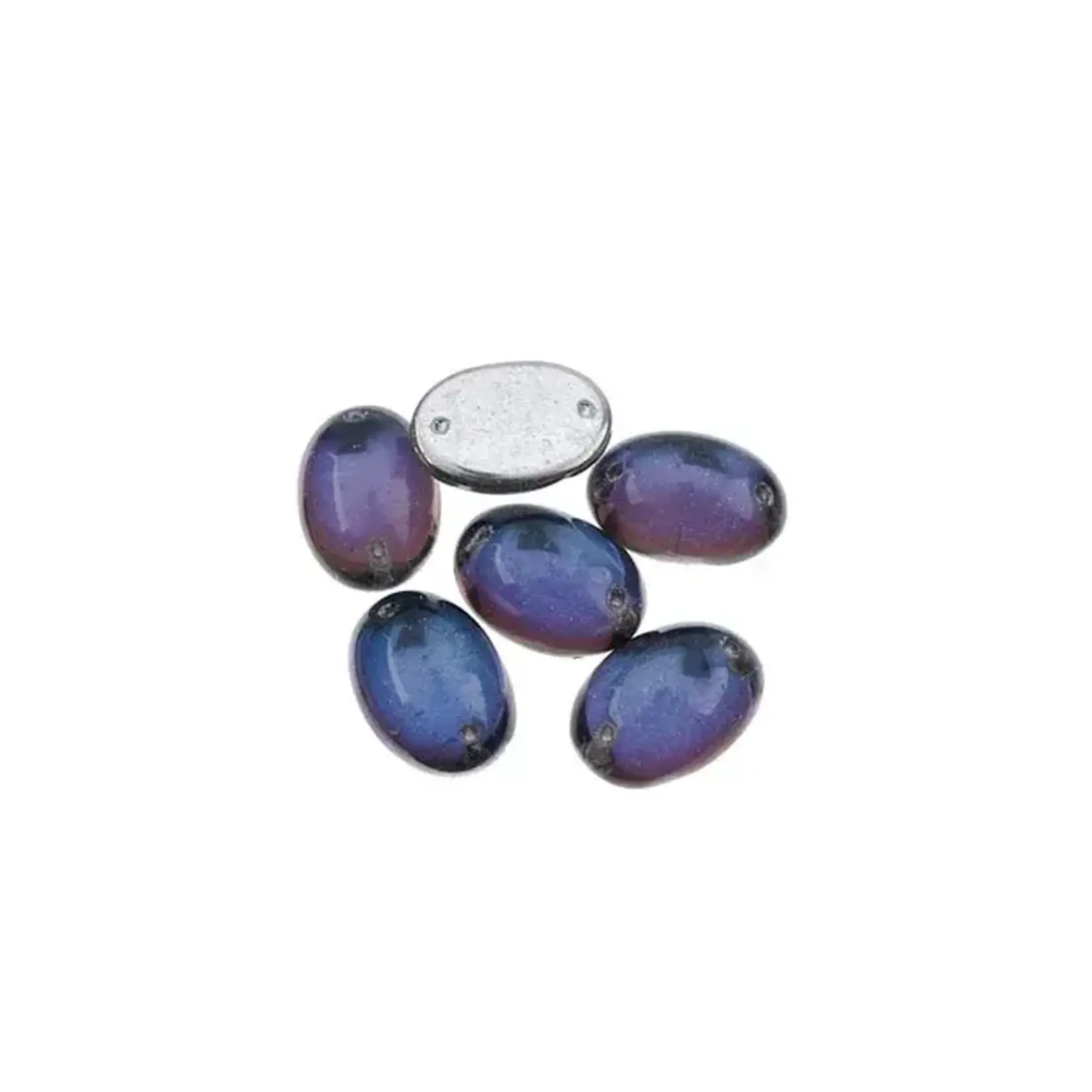 Czech Glass 2 Hole Cabochon 18 x 13mm Oval Transparent Bermuda Blue Foiling 6pcs