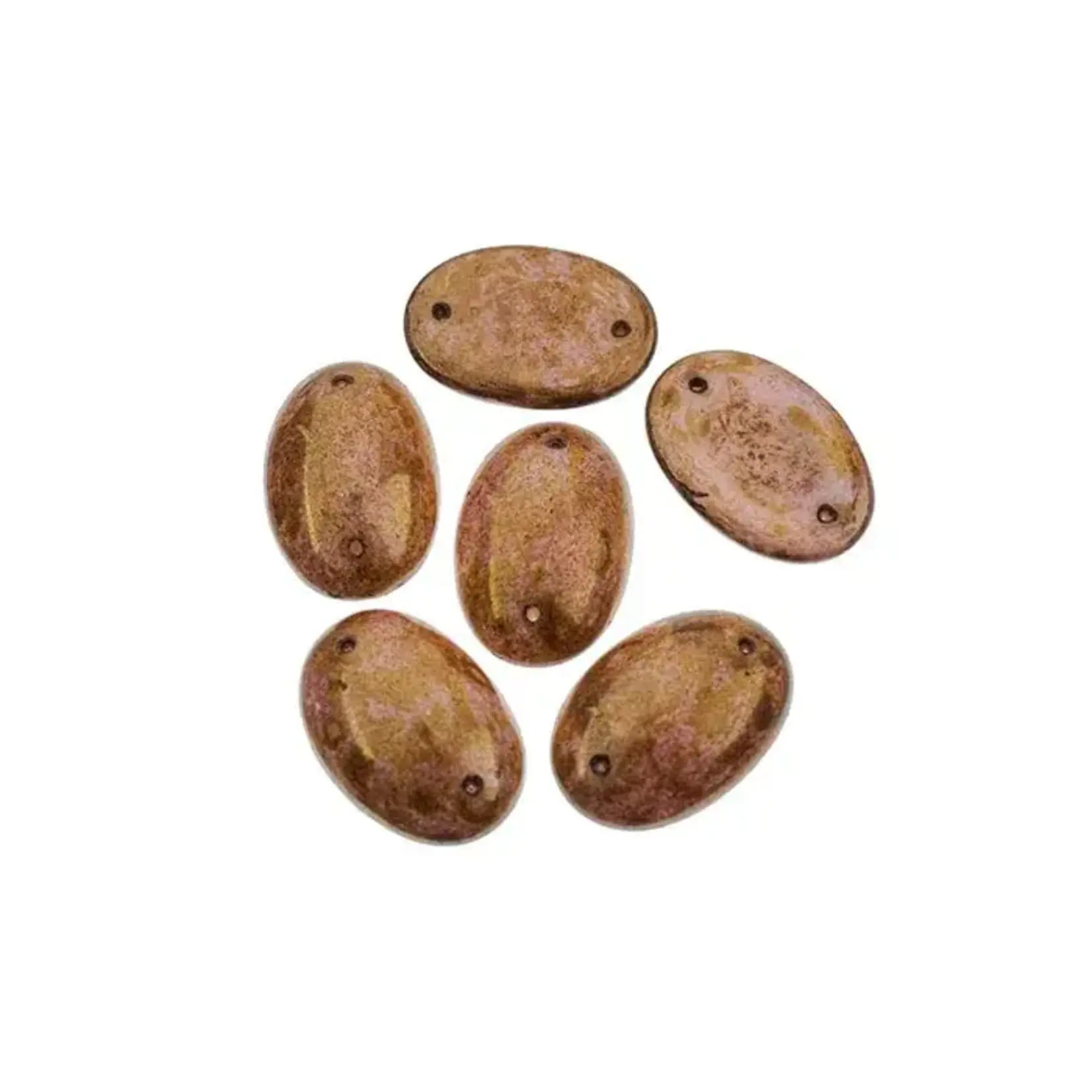 Czech Glass 2 Hole Cabochon 25x18mm Oval Opaque Marble Amber 6 pcs