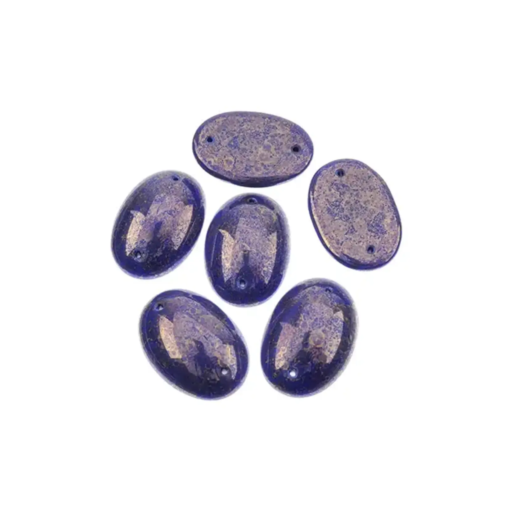 Czech Glass 2 Hole Cabochon 25x18mm Oval Opaque Marble Black on Dark Blue 6pcs