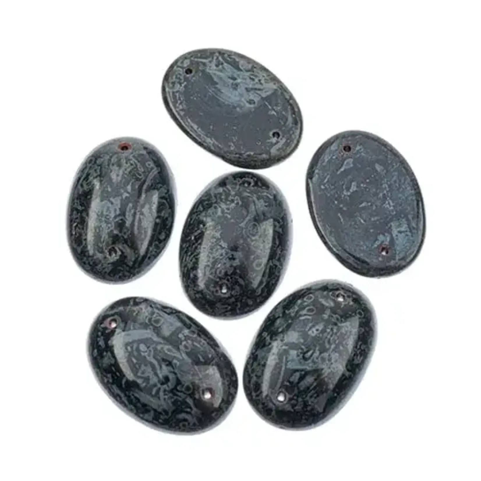 Czech Glass 2 Hole Cabochon 25x18mm Oval Opaque Marble Black on Dark Green 6pcs