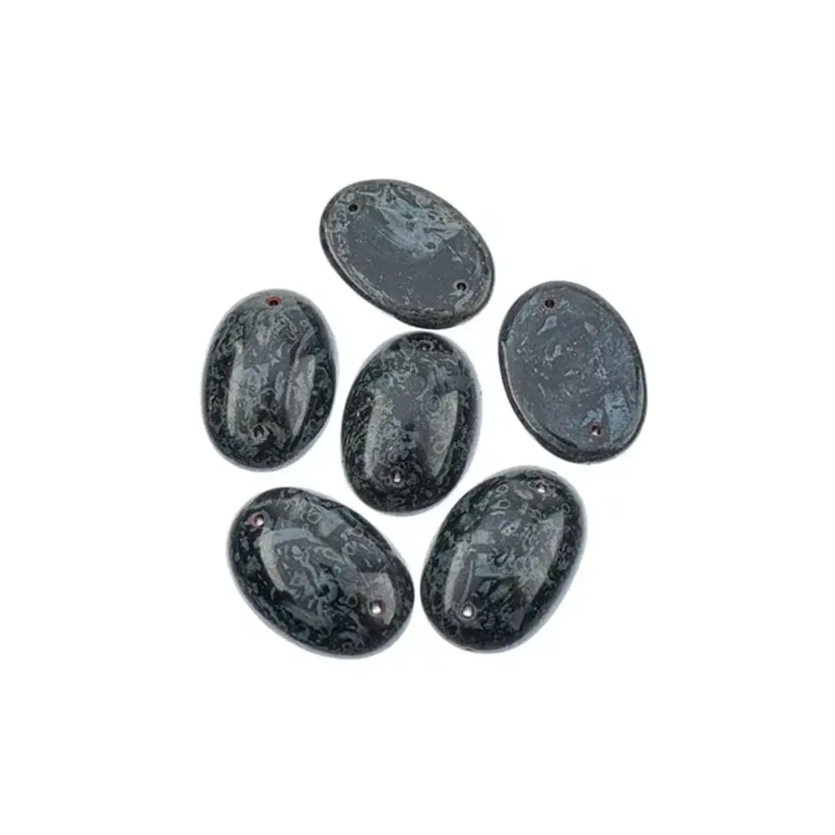 Czech Glass 2 Hole Cabochon 25x18mm Oval Opaque Marble Black on Dark Green 6pcs