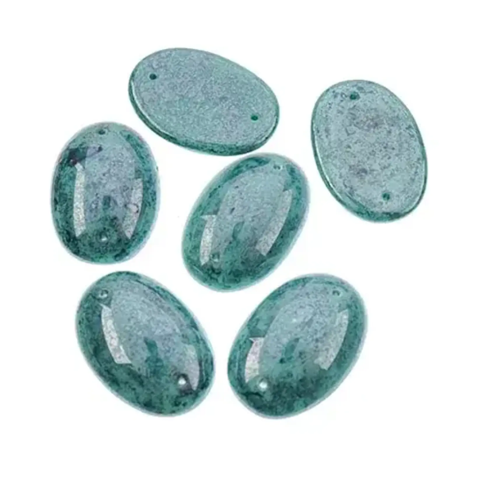 Czech Glass 2 Hole Cabochon 25x18mm Oval Opaque Marble Teal 6pcs