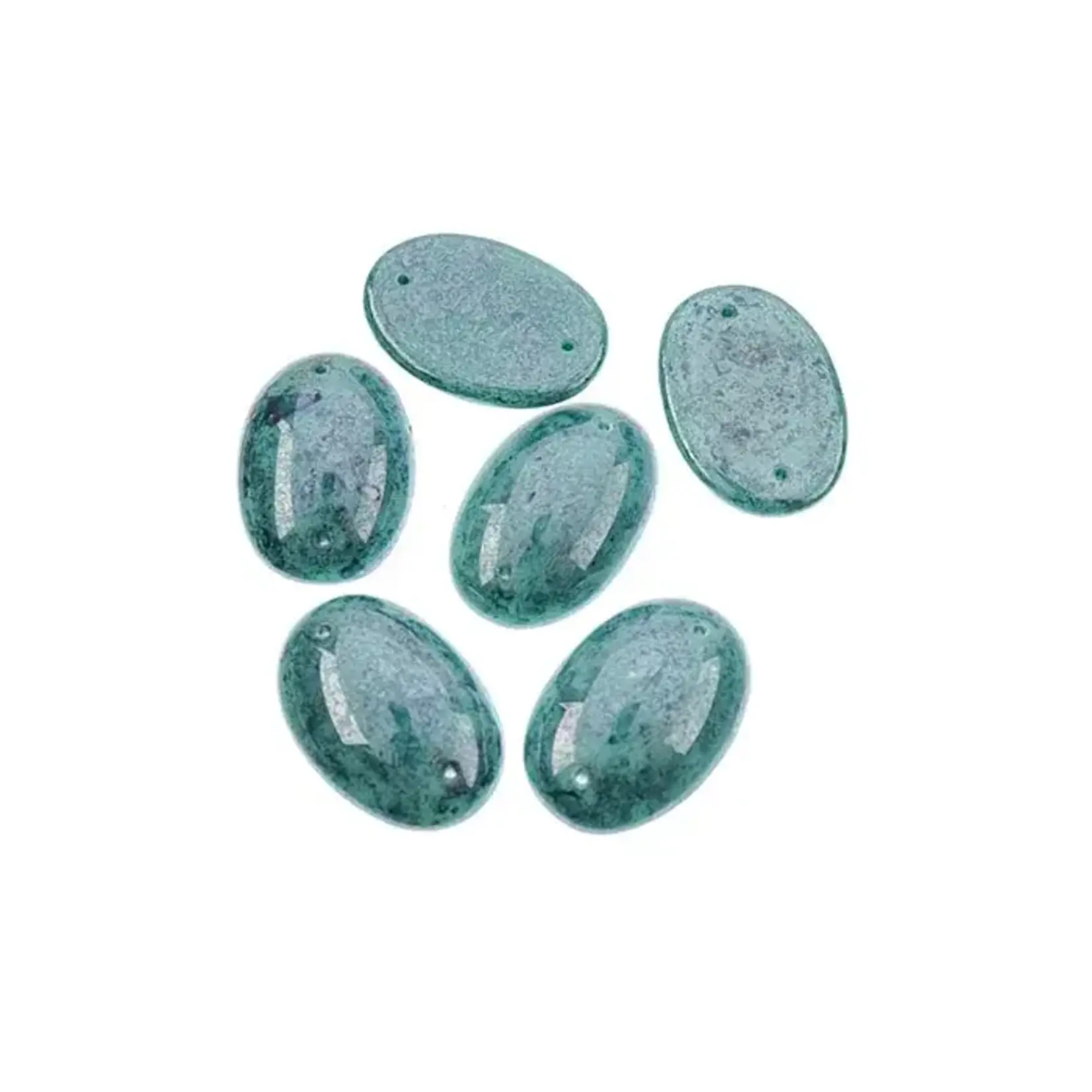 Czech Glass 2 Hole Cabochon 25x18mm Oval Opaque Marble Teal 6pcs