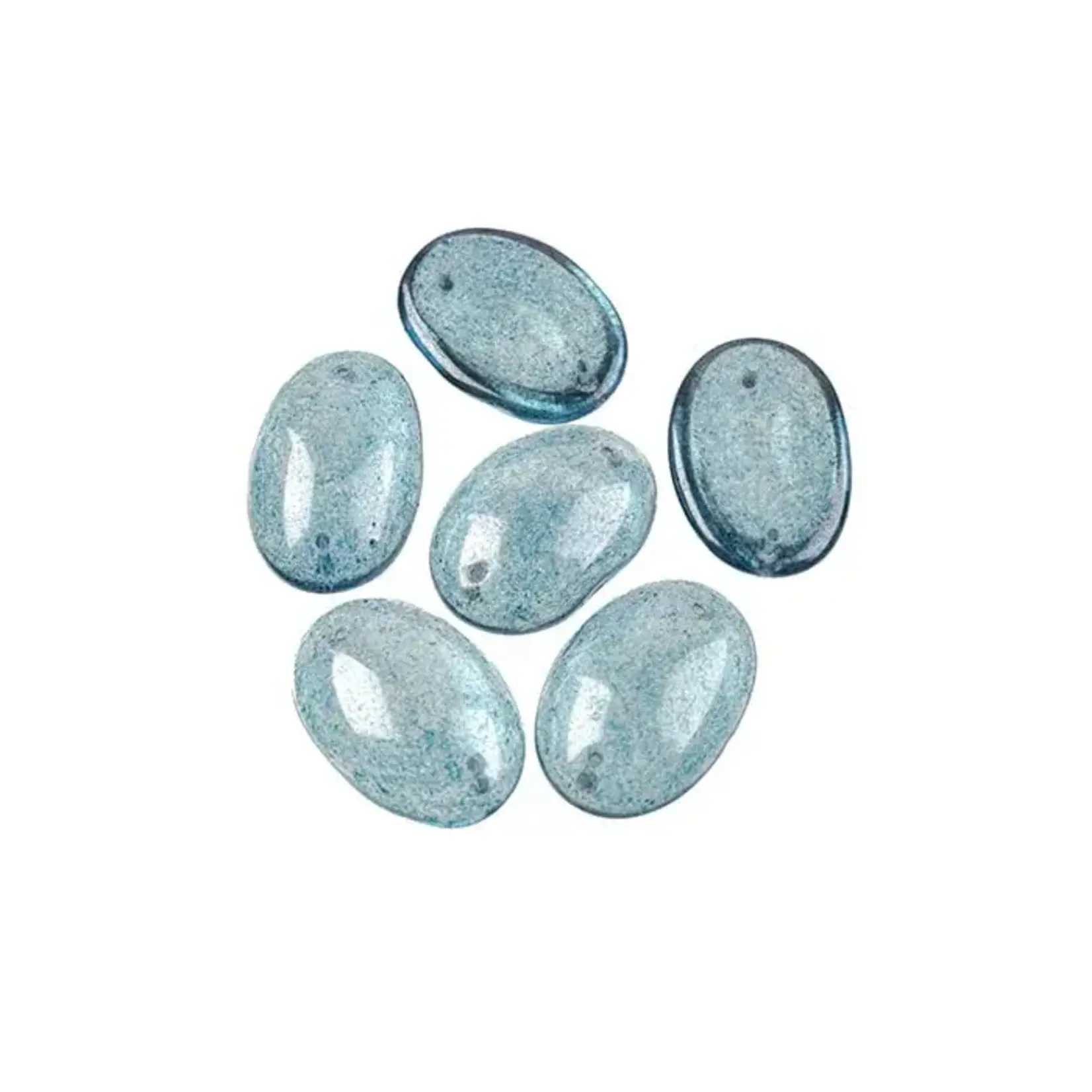 Czech Glass 2 Hole Cabochon 25x18mm Oval Transparent Blue Marble Foiling 6pcs