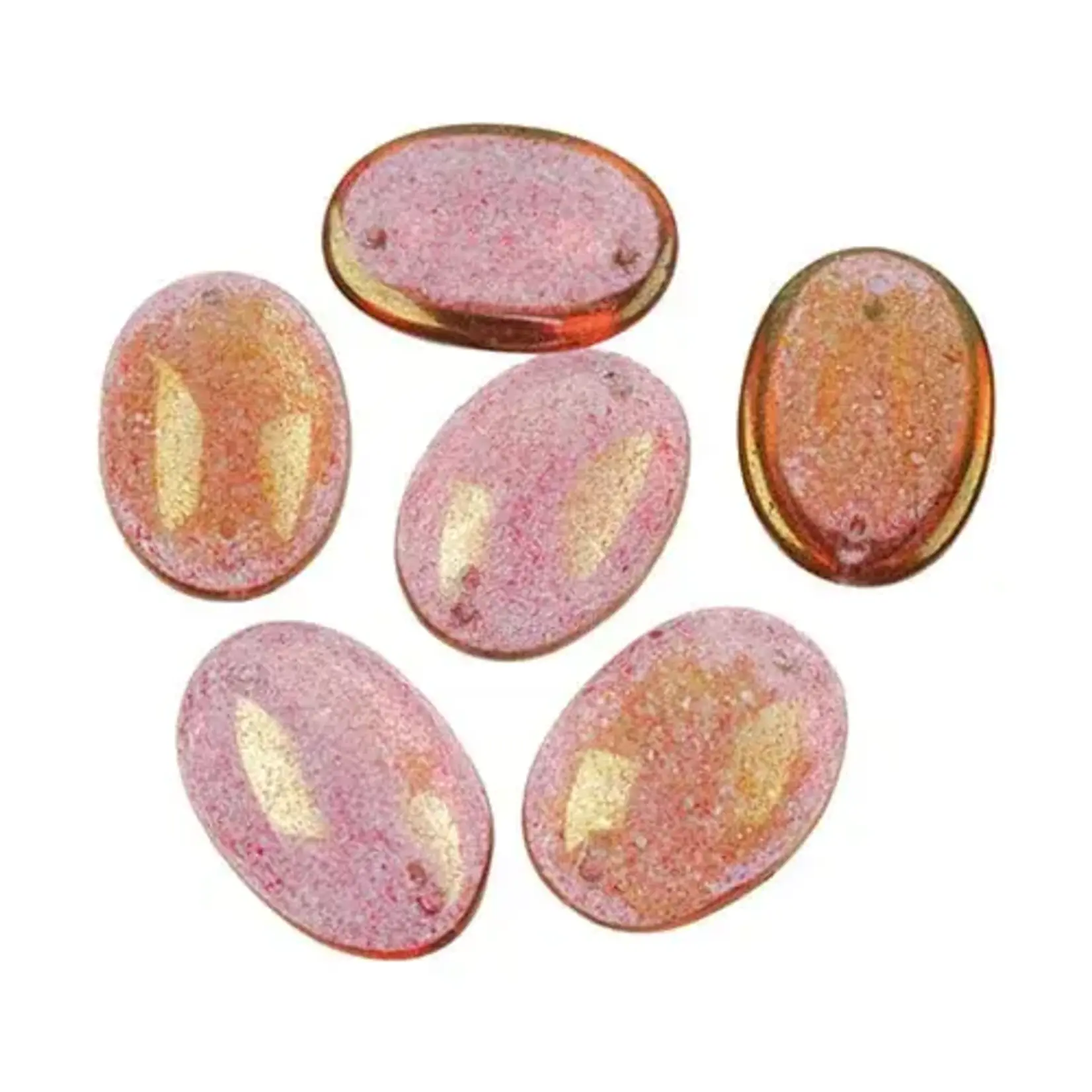 Czech Glass 2 Hole Cabochon 25x18mm Oval Transparent Red Marble Foiling 6pcs